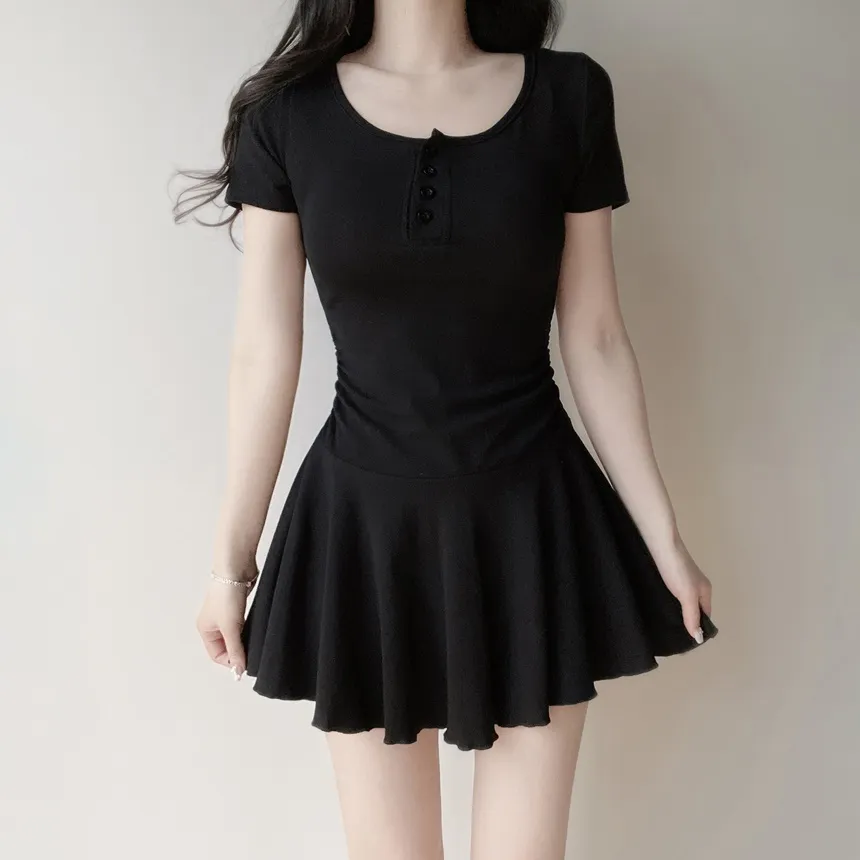 半袖フレアシャーリングヘンリーネックボタンワンピース | mirangmirang | 詳細画像4