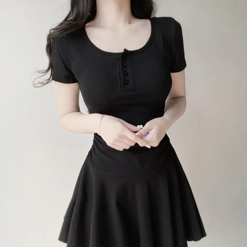 半袖フレアシャーリングヘンリーネックボタンワンピース | mirangmirang | 詳細画像5