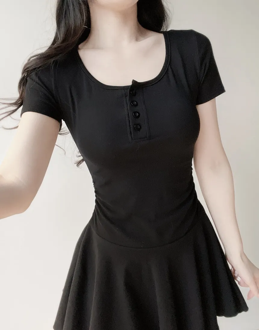 半袖フレアシャーリングヘンリーネックボタンワンピース | mirangmirang | 詳細画像6