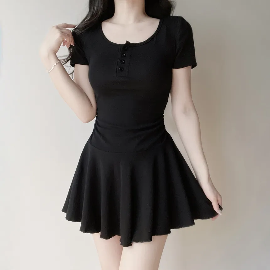 半袖フレアシャーリングヘンリーネックボタンワンピース | mirangmirang | 詳細画像8