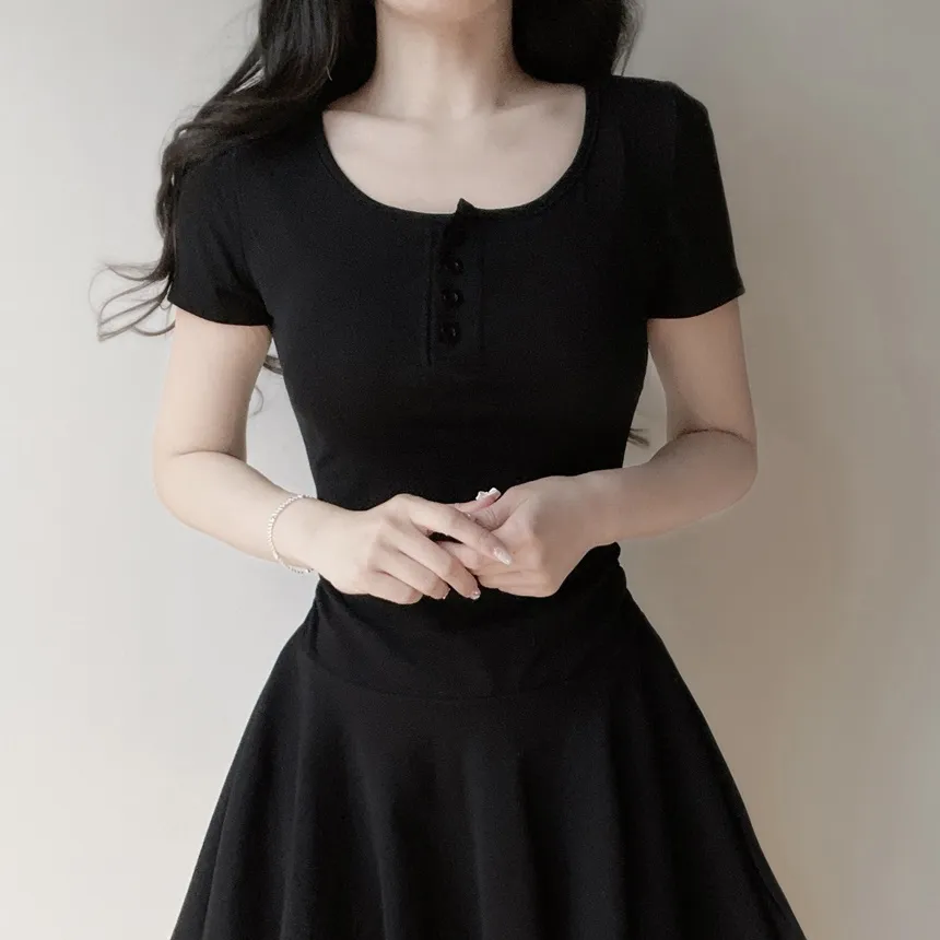 半袖フレアシャーリングヘンリーネックボタンワンピース | mirangmirang | 詳細画像9