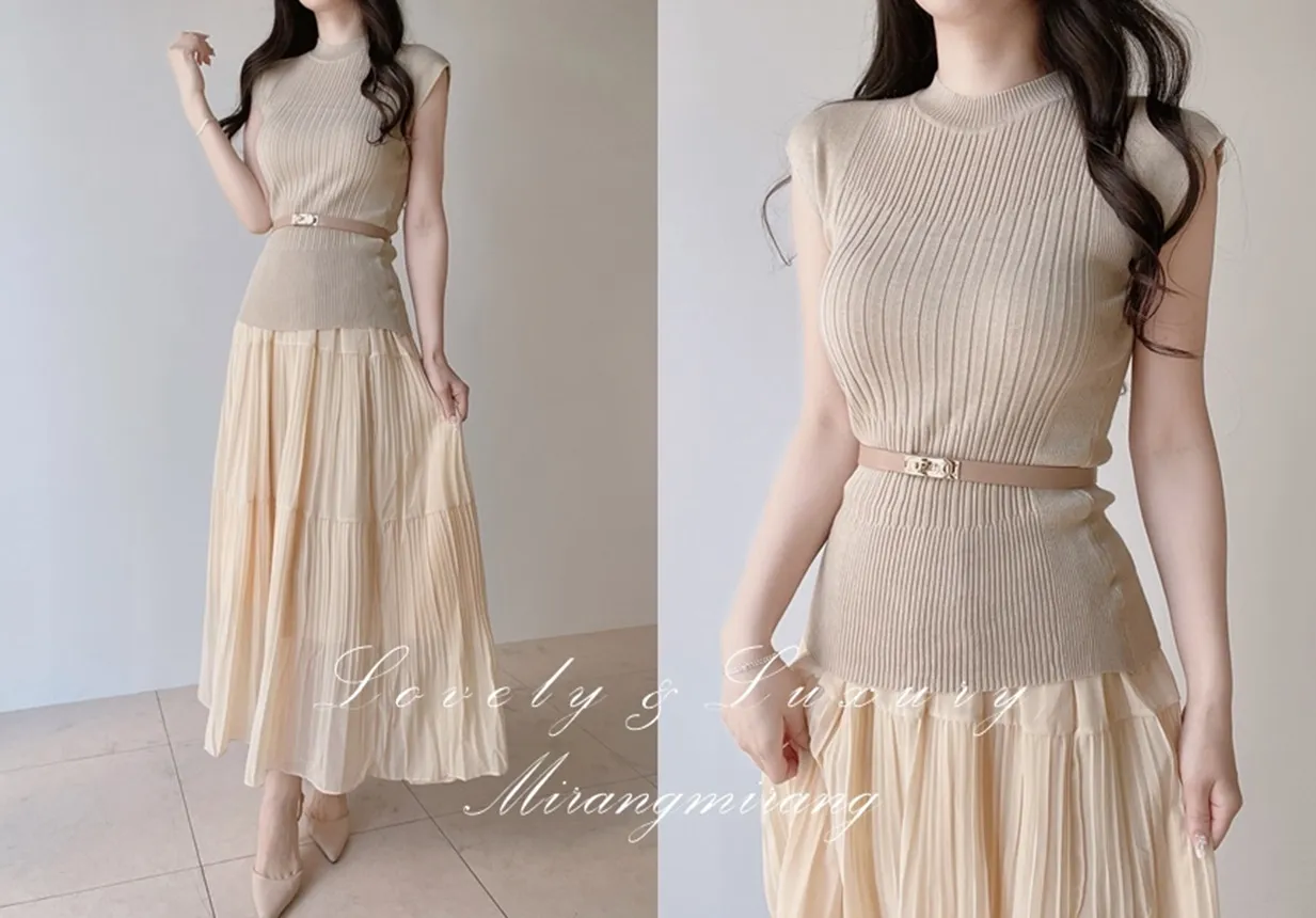 リブラウンドネックプリーツウエストゴムセットアップスカートニットベルト付 | mirangmirang | 詳細画像1