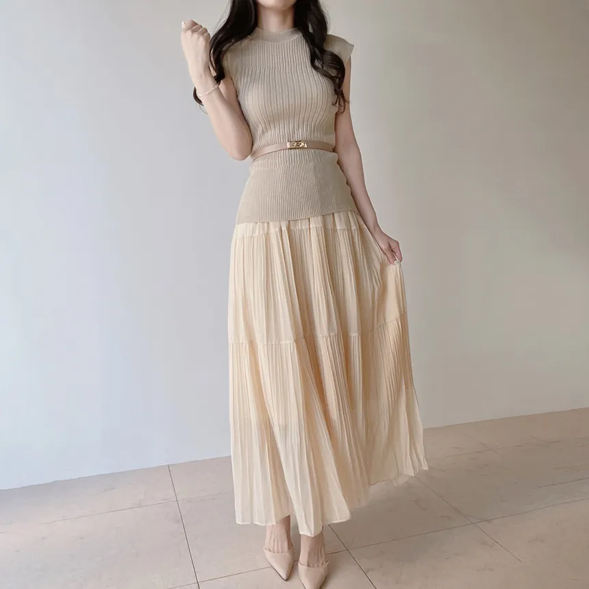 リブラウンドネックプリーツウエストゴムセットアップスカートニットベルト付 | mirangmirang | 詳細画像3