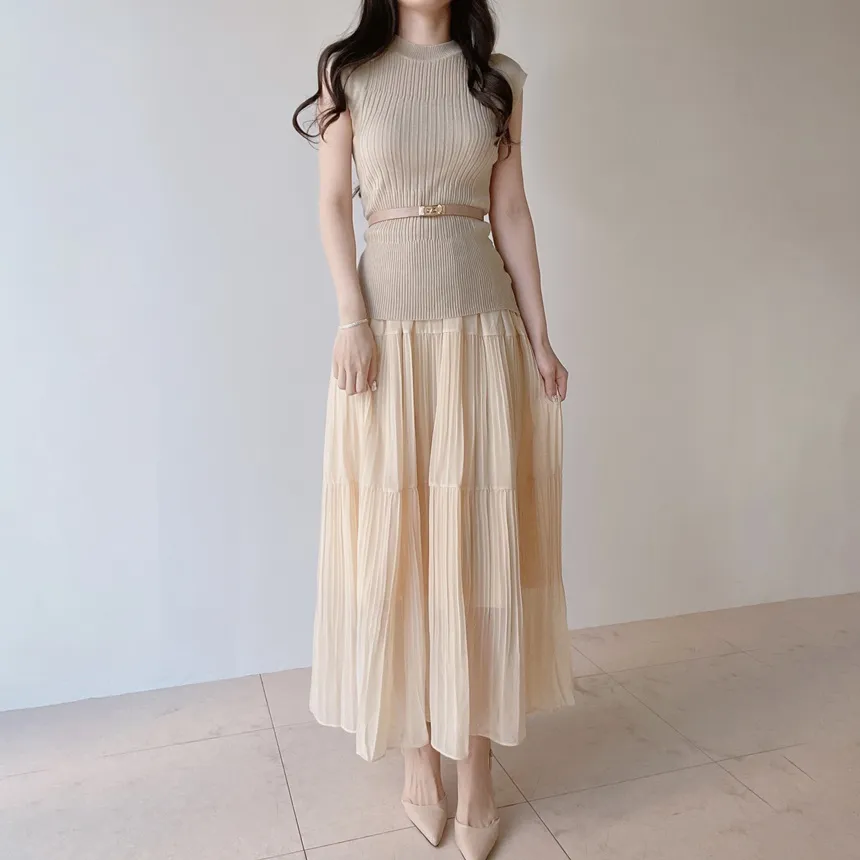 リブラウンドネックプリーツウエストゴムセットアップスカートニットベルト付 | mirangmirang | 詳細画像4