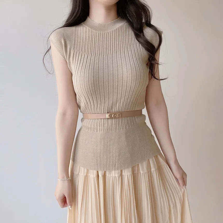 リブラウンドネックプリーツウエストゴムセットアップスカートニットベルト付 | mirangmirang | 詳細画像5