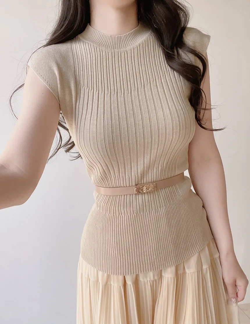 リブラウンドネックプリーツウエストゴムセットアップスカートニットベルト付 | mirangmirang | 詳細画像7
