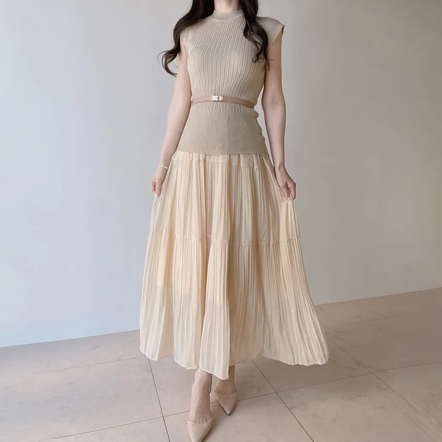 リブラウンドネックプリーツウエストゴムセットアップスカートニットベルト付 | mirangmirang | 詳細画像9