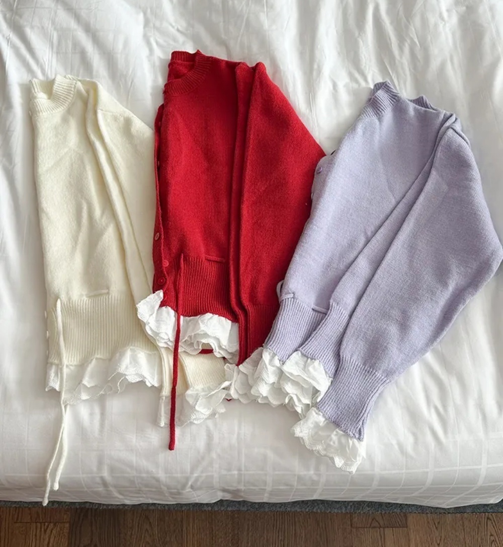 レースボタンラウンドネックドローストリングカーディガン | 詳細画像5