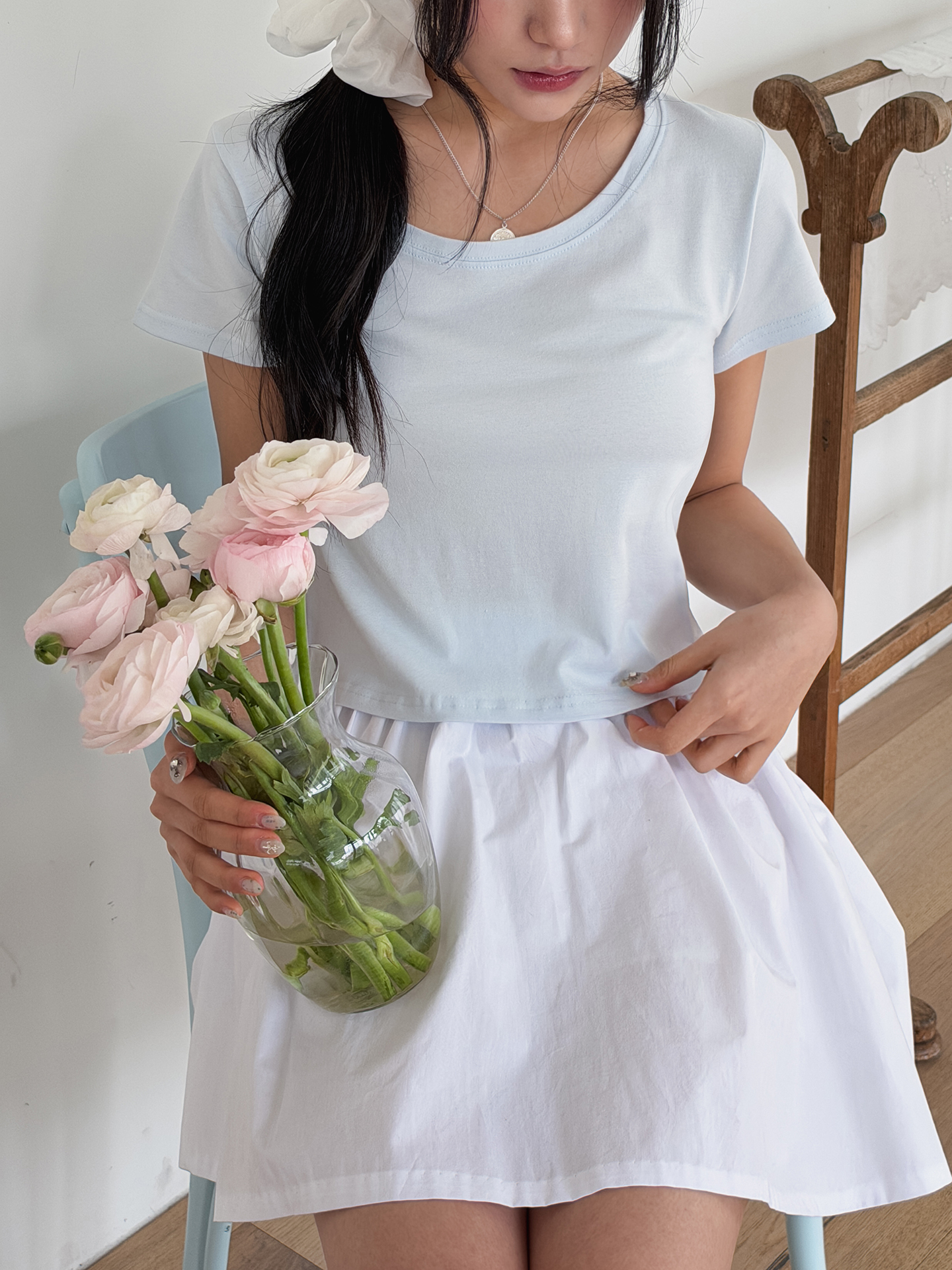 Uネックシンプルベーシッククロップド半袖無地Tシャツ | 詳細画像5