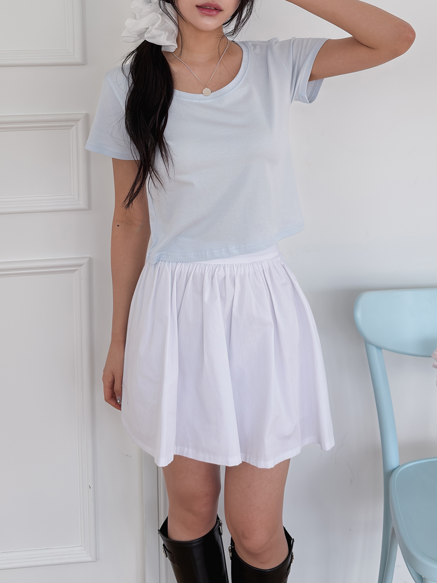 Uネックシンプルベーシッククロップド半袖無地Tシャツ | 詳細画像6