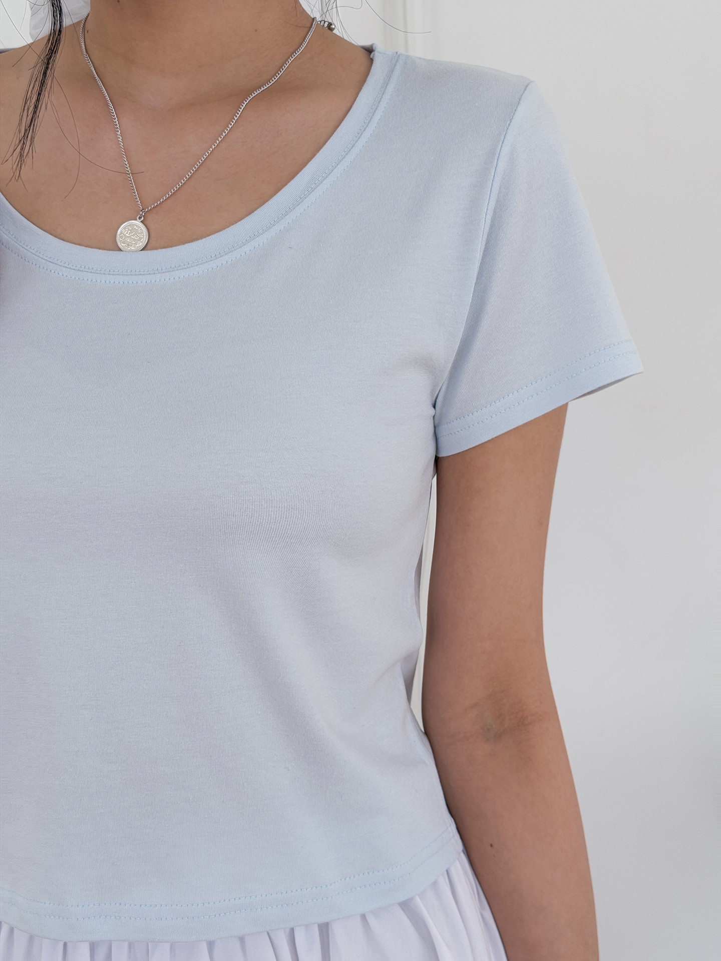 Uネックシンプルベーシッククロップド半袖無地Tシャツ | 詳細画像11