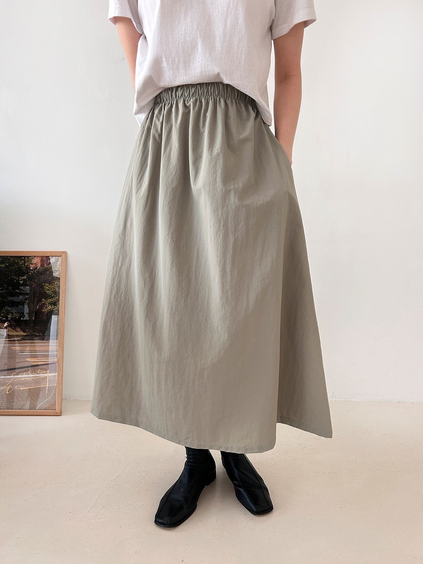 ナイロンジップアップポケットウエストゴムドローコードロング長袖Aラインカンガルーポケットセットアップスカートジャンパー | 詳細画像12