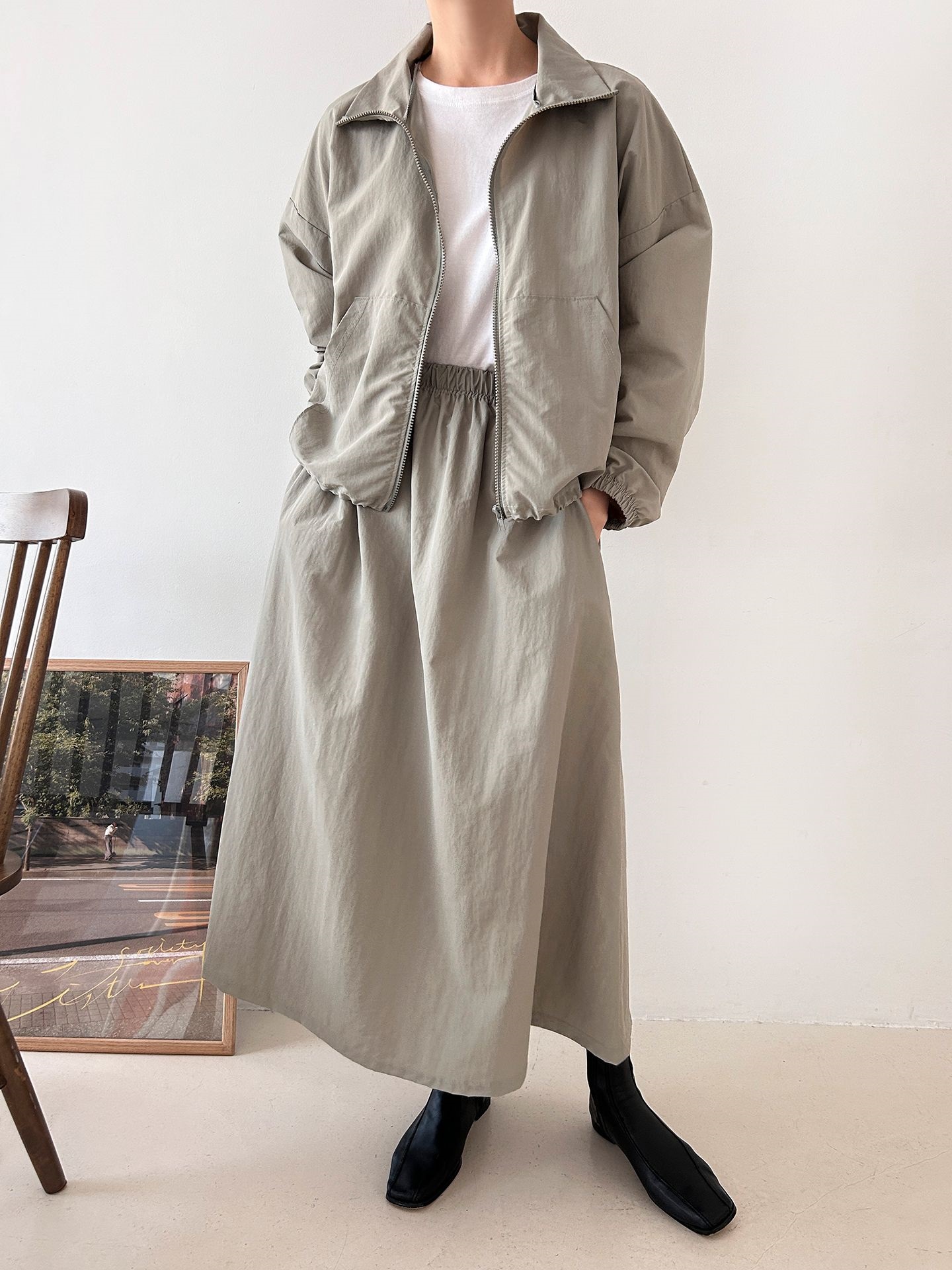 ナイロンジップアップポケットウエストゴムドローコードロング長袖Aラインカンガルーポケットセットアップスカートジャンパー | 詳細画像15