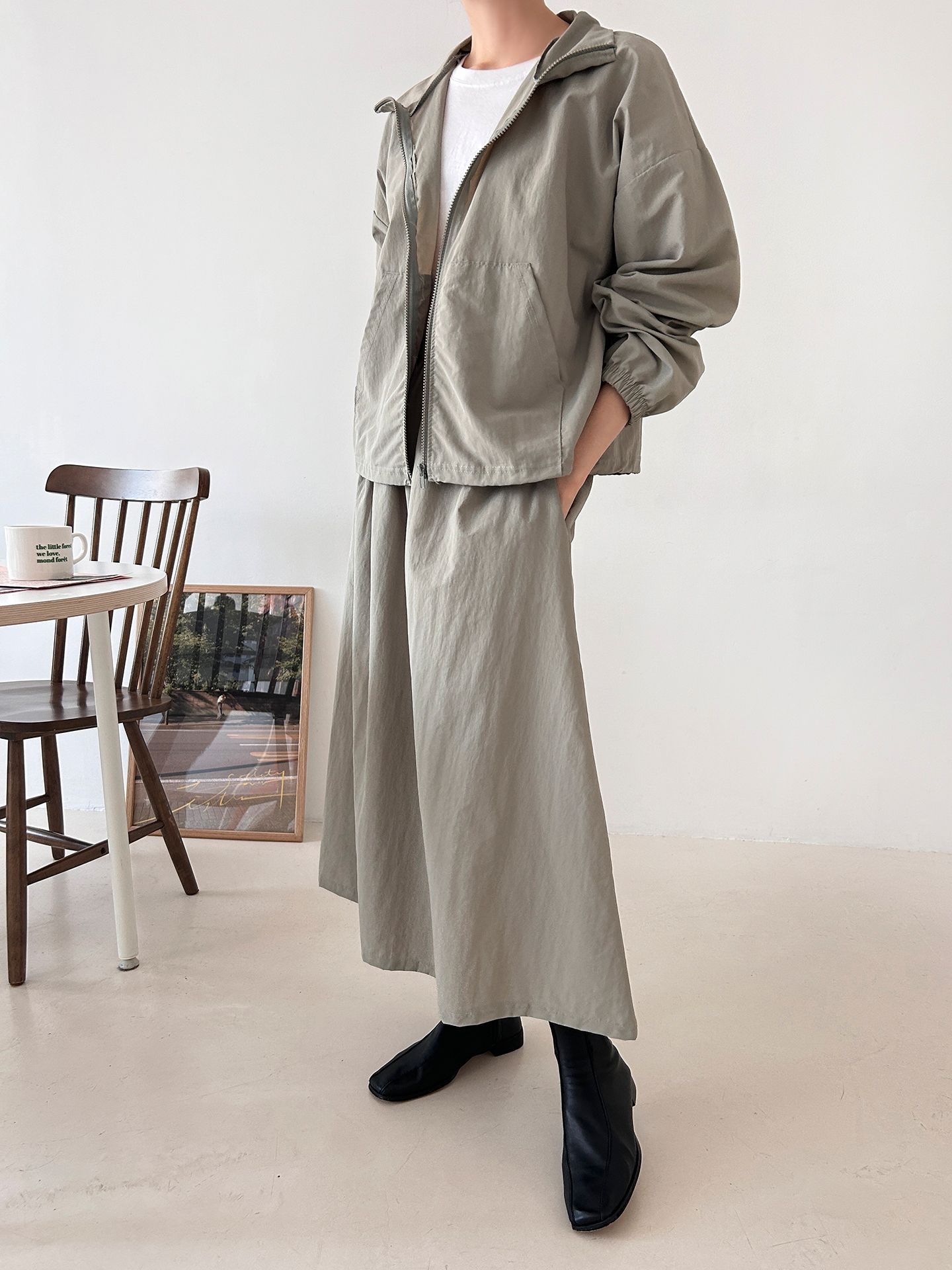 ナイロンジップアップポケットウエストゴムドローコードロング長袖Aラインカンガルーポケットセットアップスカートジャンパー | 詳細画像16