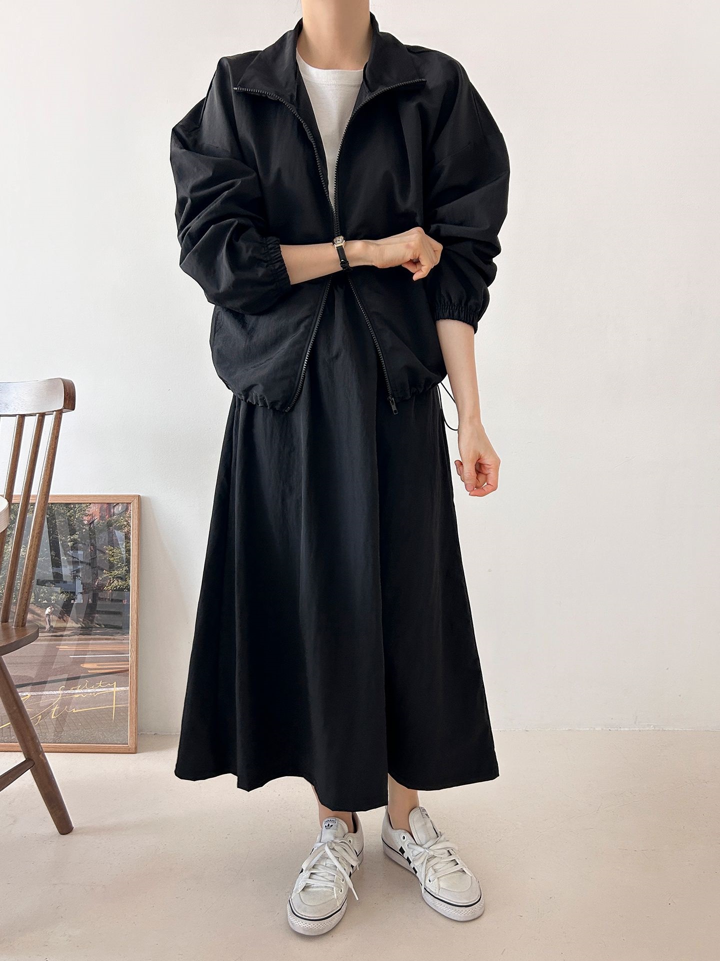 ナイロンジップアップポケットウエストゴムドローコードロング長袖Aラインカンガルーポケットセットアップスカートジャンパー | 詳細画像17