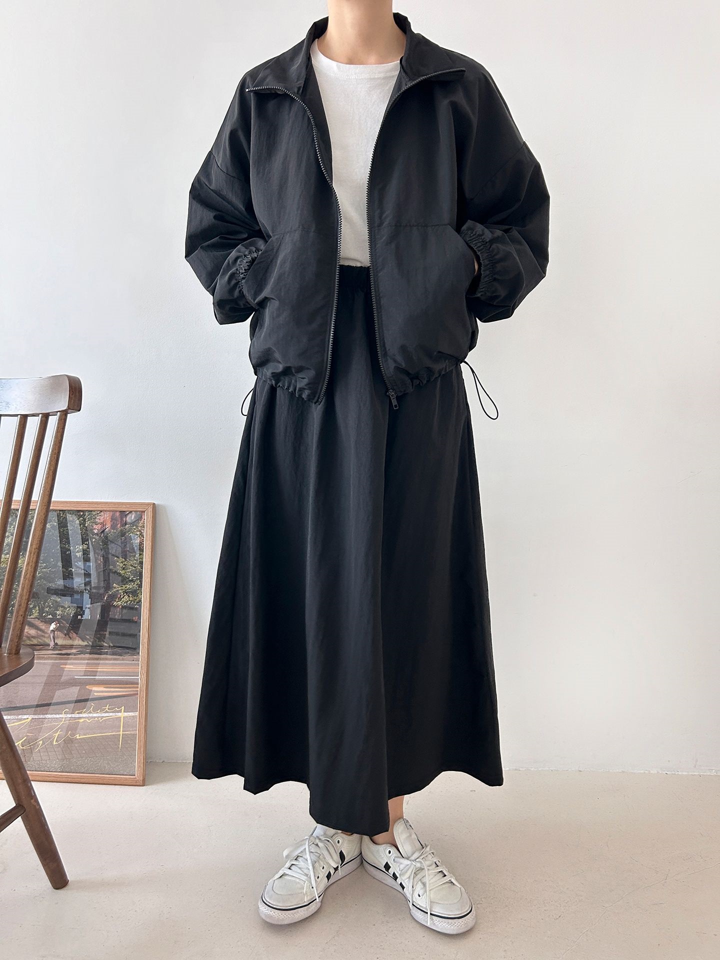 ナイロンジップアップポケットウエストゴムドローコードロング長袖Aラインカンガルーポケットセットアップスカートジャンパー | 詳細画像19