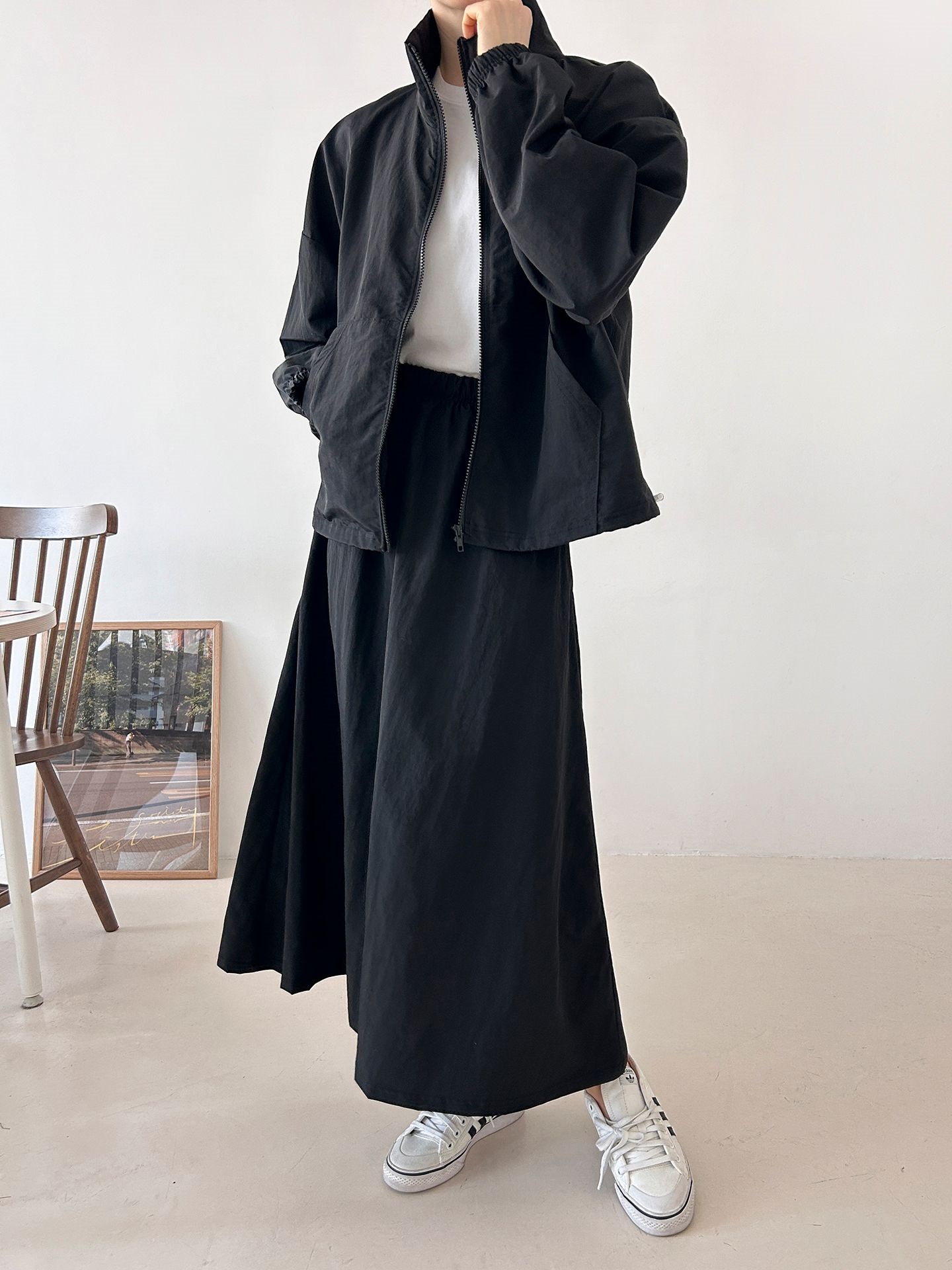 ナイロンジップアップポケットウエストゴムドローコードロング長袖Aラインカンガルーポケットセットアップスカートジャンパー | 詳細画像22