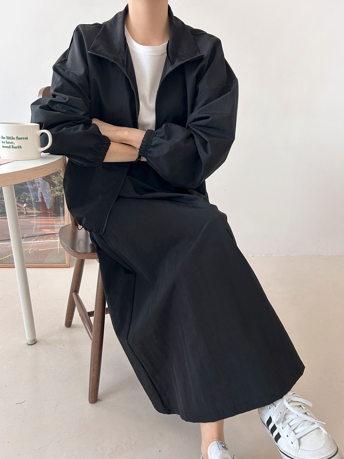 ナイロンジップアップポケットウエストゴムドローコードロング長袖Aラインカンガルーポケットセットアップスカートジャンパー | 詳細画像23