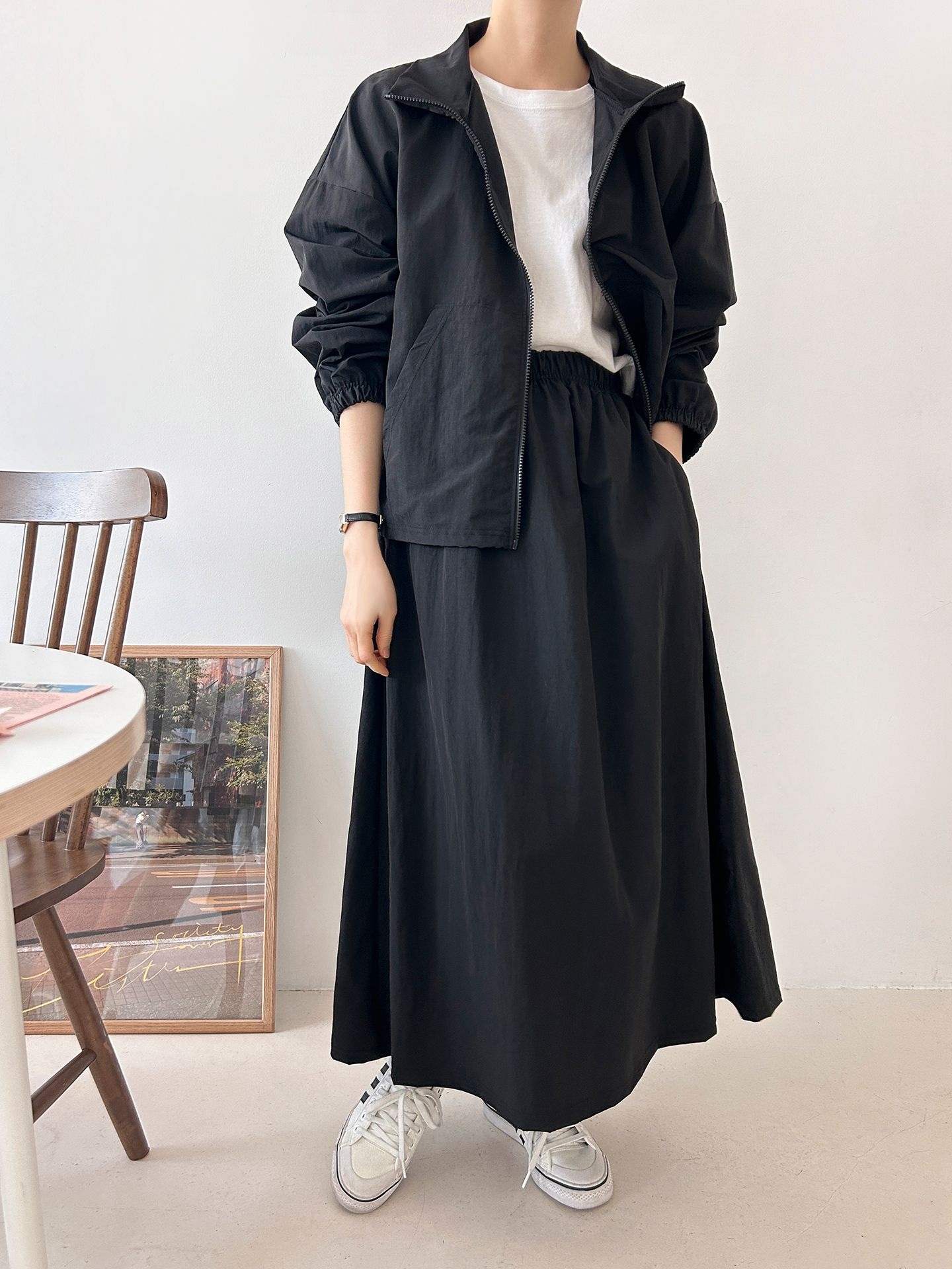 ナイロンジップアップポケットウエストゴムドローコードロング長袖Aラインカンガルーポケットセットアップスカートジャンパー | 詳細画像24