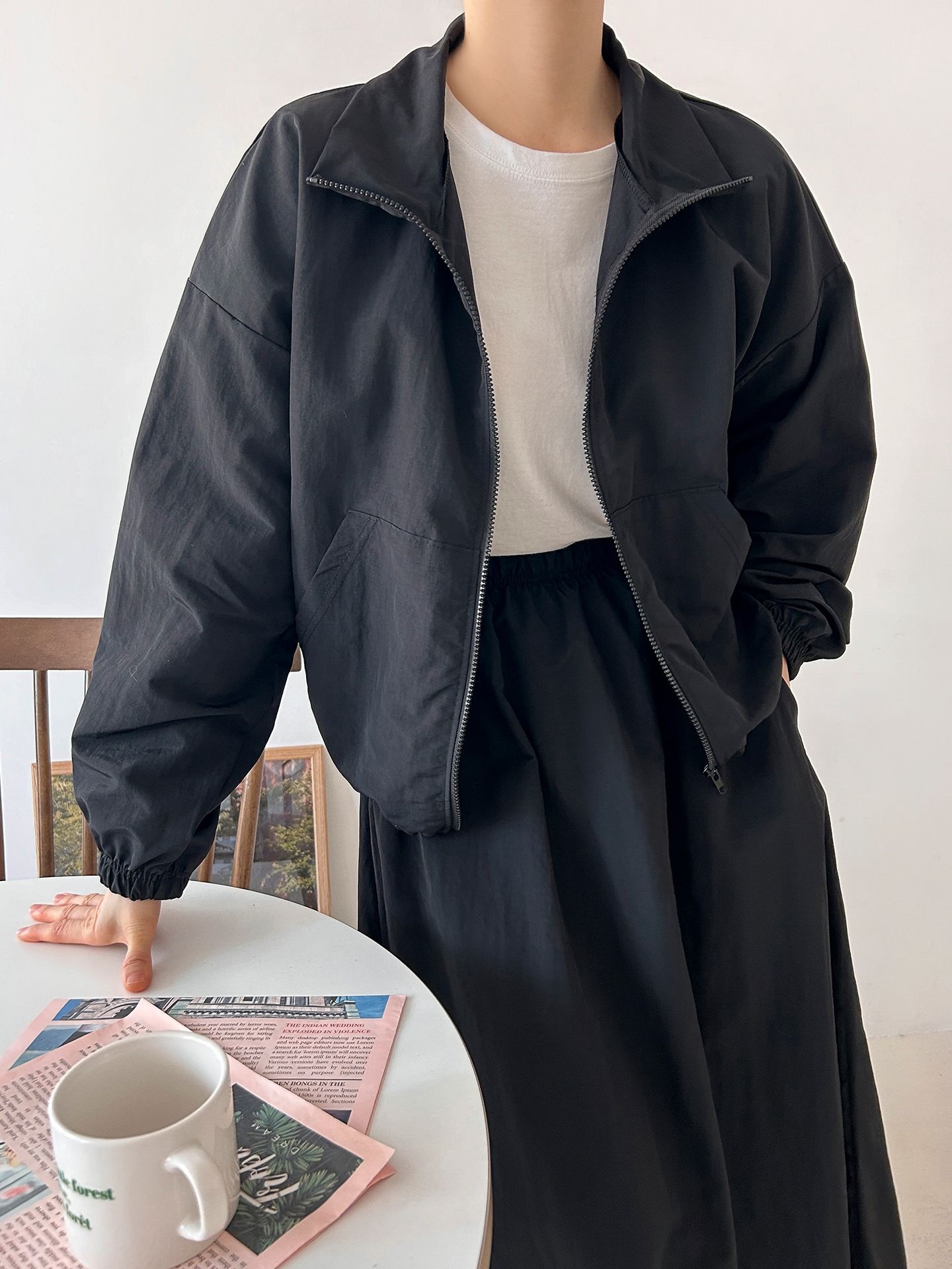 ナイロンジップアップポケットウエストゴムドローコードロング長袖Aラインカンガルーポケットセットアップスカートジャンパー | 詳細画像25