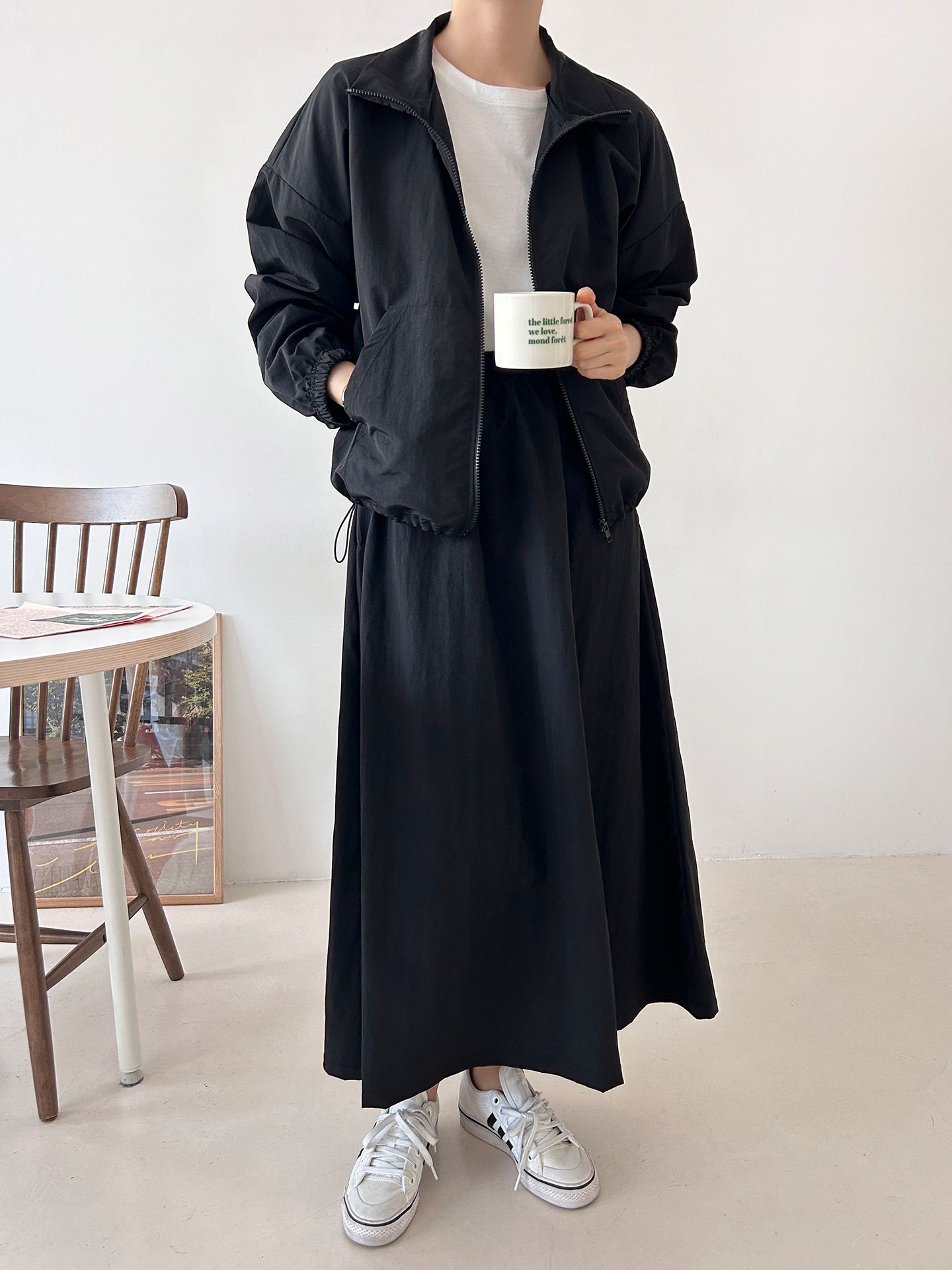 ナイロンジップアップポケットウエストゴムドローコードロング長袖Aラインカンガルーポケットセットアップスカートジャンパー | 詳細画像26