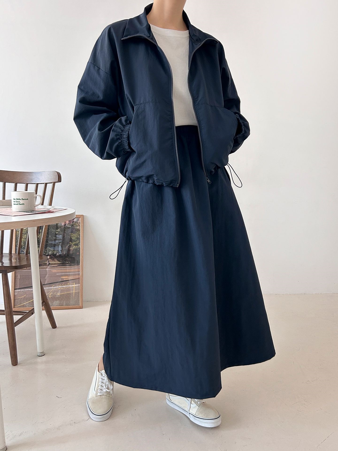 ナイロンジップアップポケットウエストゴムドローコードロング長袖Aラインカンガルーポケットセットアップスカートジャンパー | 詳細画像27