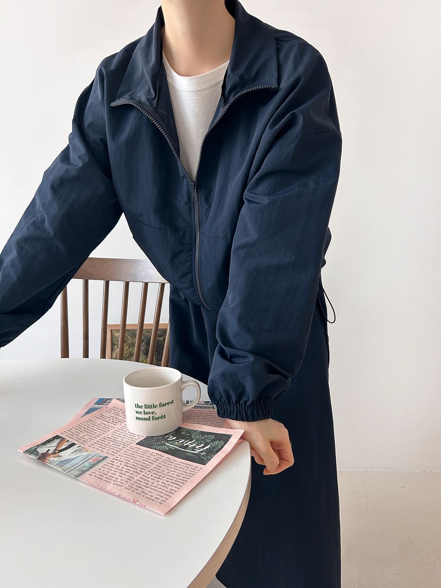 ナイロンジップアップポケットウエストゴムドローコードロング長袖Aラインカンガルーポケットセットアップスカートジャンパー | 詳細画像29