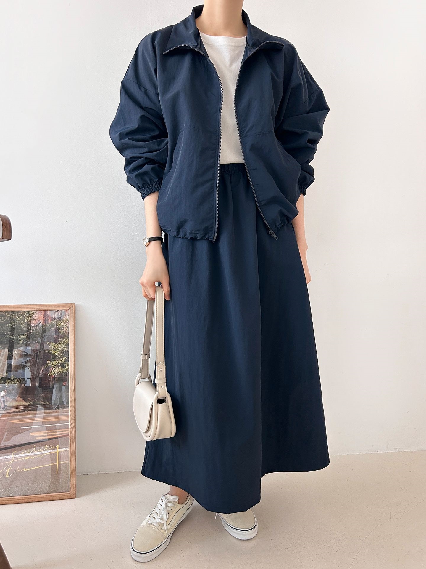 ナイロンジップアップポケットウエストゴムドローコードロング長袖Aラインカンガルーポケットセットアップスカートジャンパー | 詳細画像31