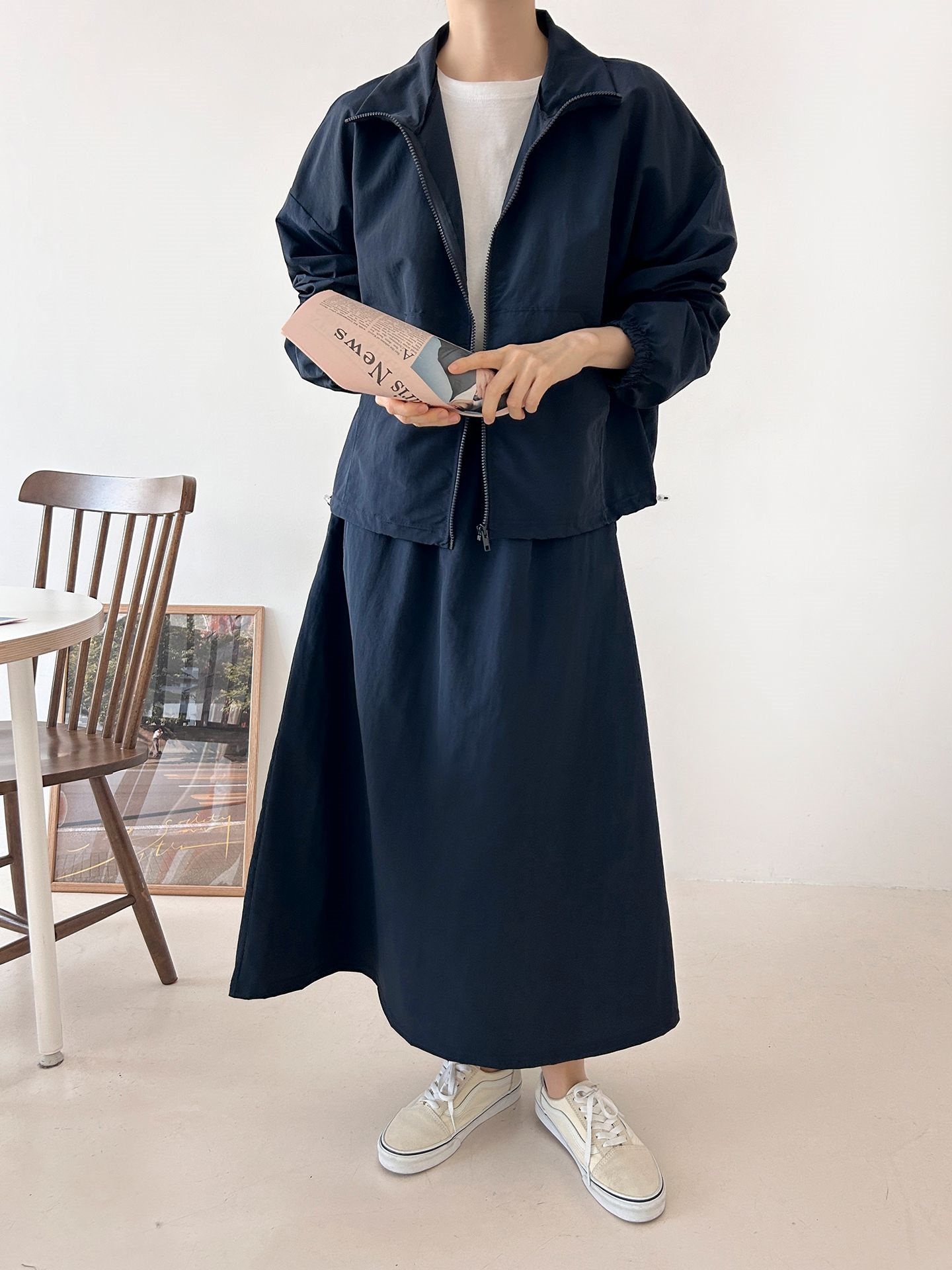 ナイロンジップアップポケットウエストゴムドローコードロング長袖Aラインカンガルーポケットセットアップスカートジャンパー | 詳細画像32