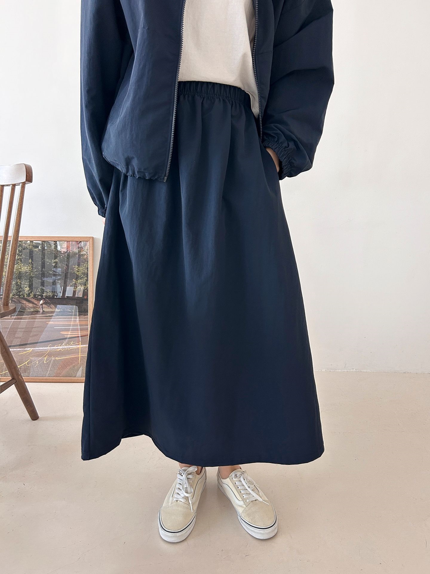 ナイロンジップアップポケットウエストゴムドローコードロング長袖Aラインカンガルーポケットセットアップスカートジャンパー | 詳細画像33