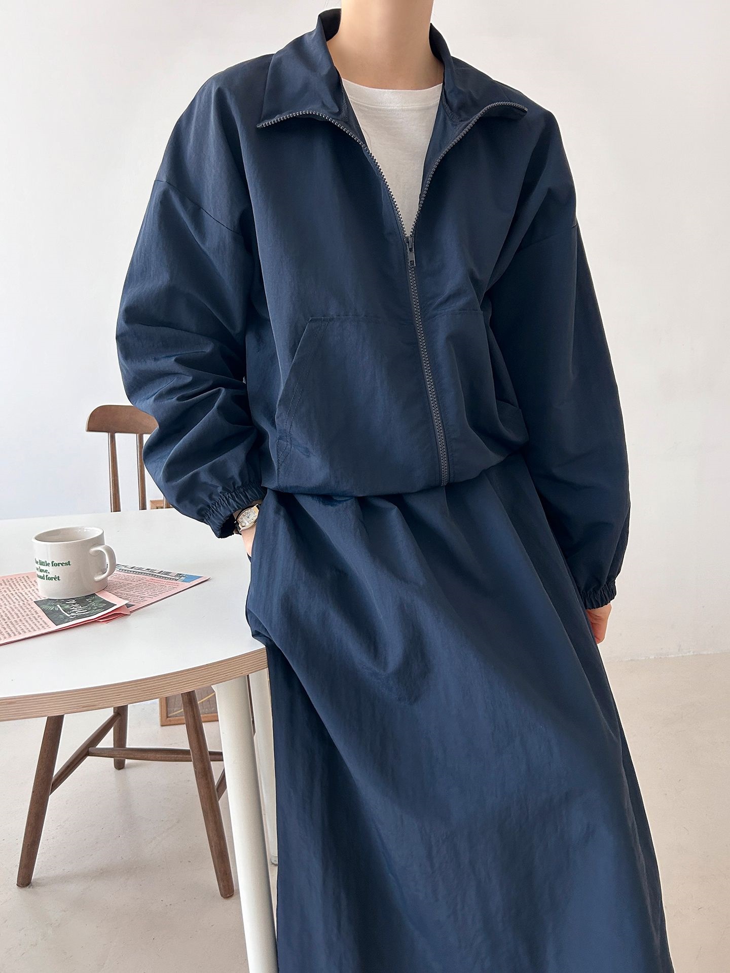 ナイロンジップアップポケットウエストゴムドローコードロング長袖Aラインカンガルーポケットセットアップスカートジャンパー | 詳細画像34