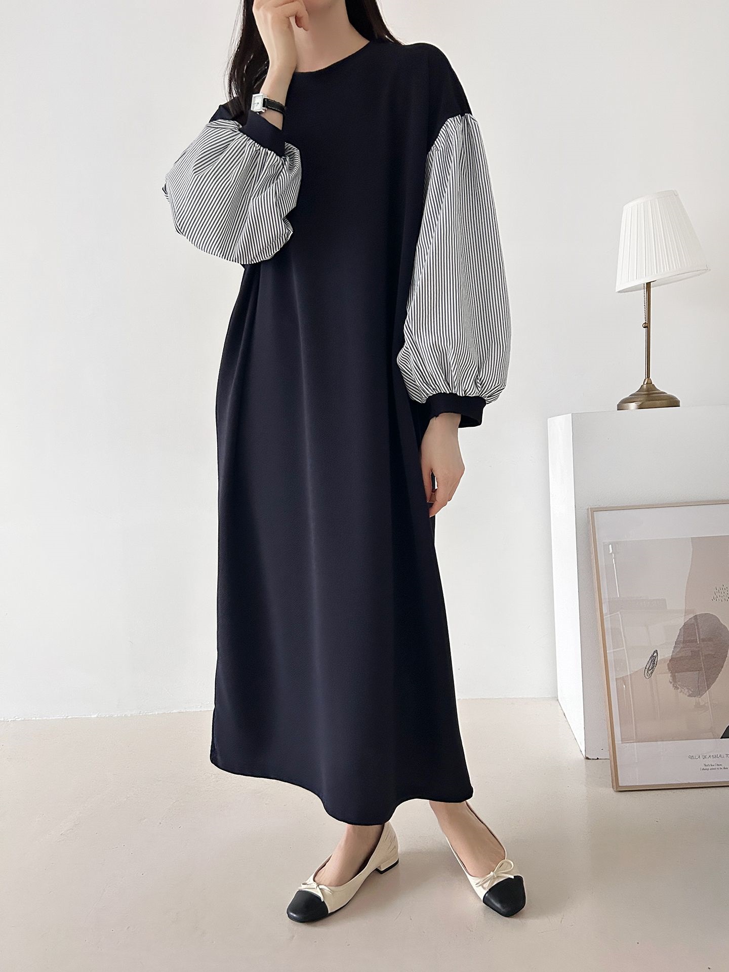 ラウンドネックロングストライプ配色ワンピースストラップ付 | 詳細画像3