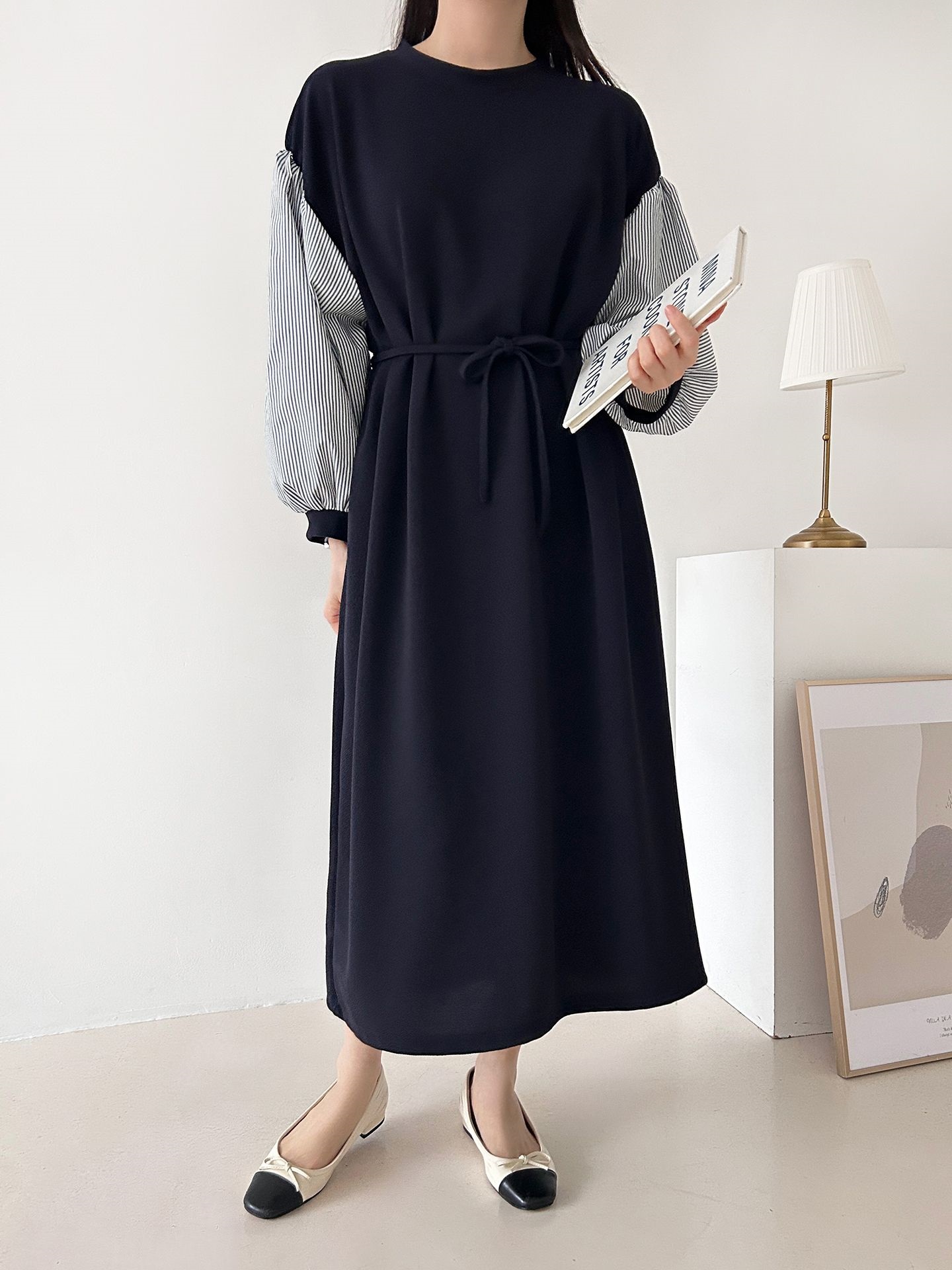 ラウンドネックロングストライプ配色ワンピースストラップ付 | 詳細画像4