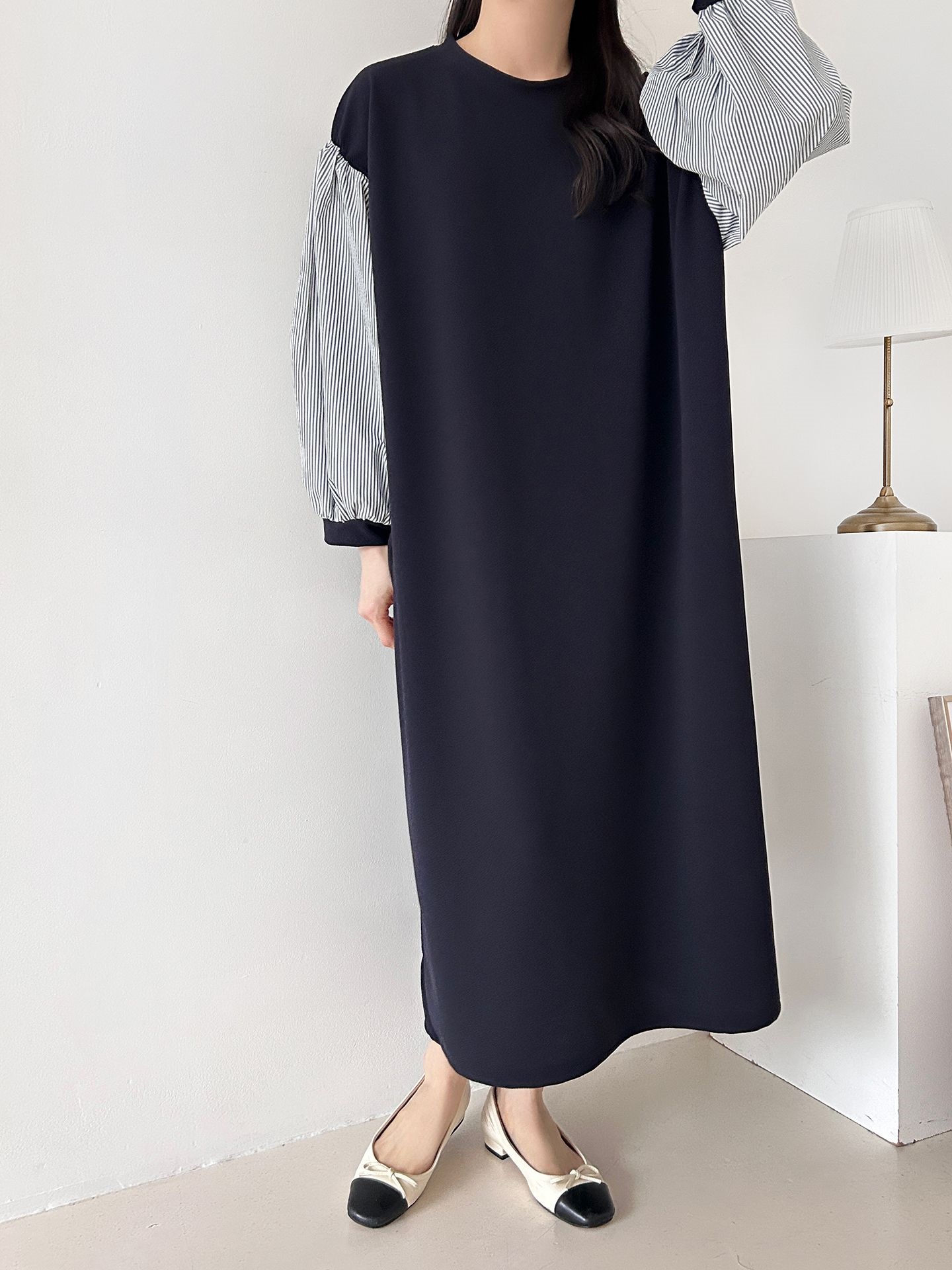 ラウンドネックロングストライプ配色ワンピースストラップ付 | 詳細画像6