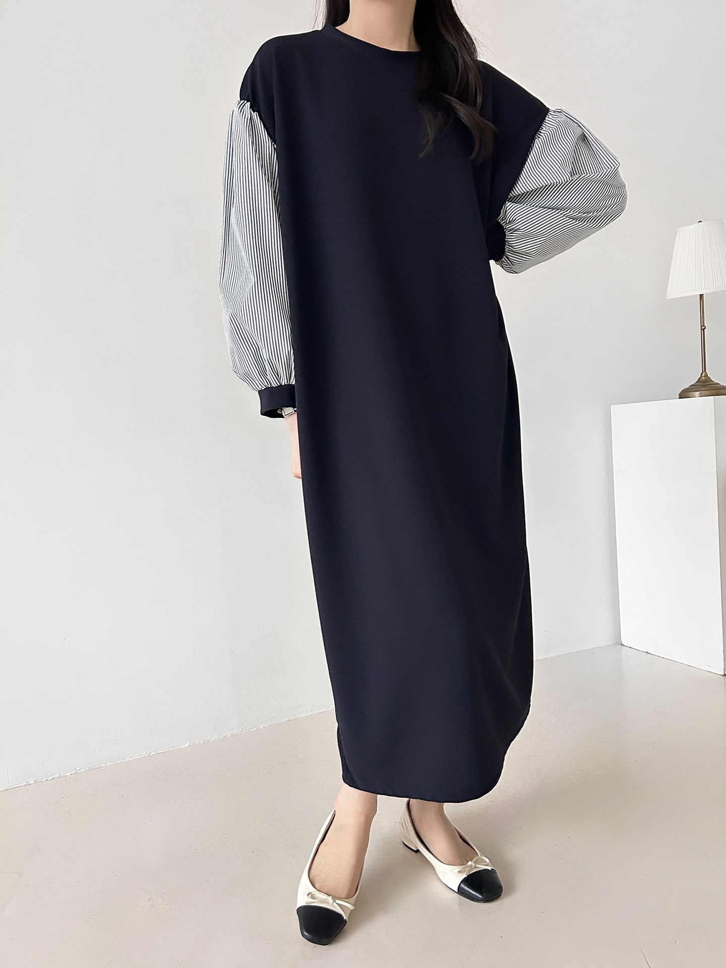 ラウンドネックロングストライプ配色ワンピースストラップ付 | 詳細画像7