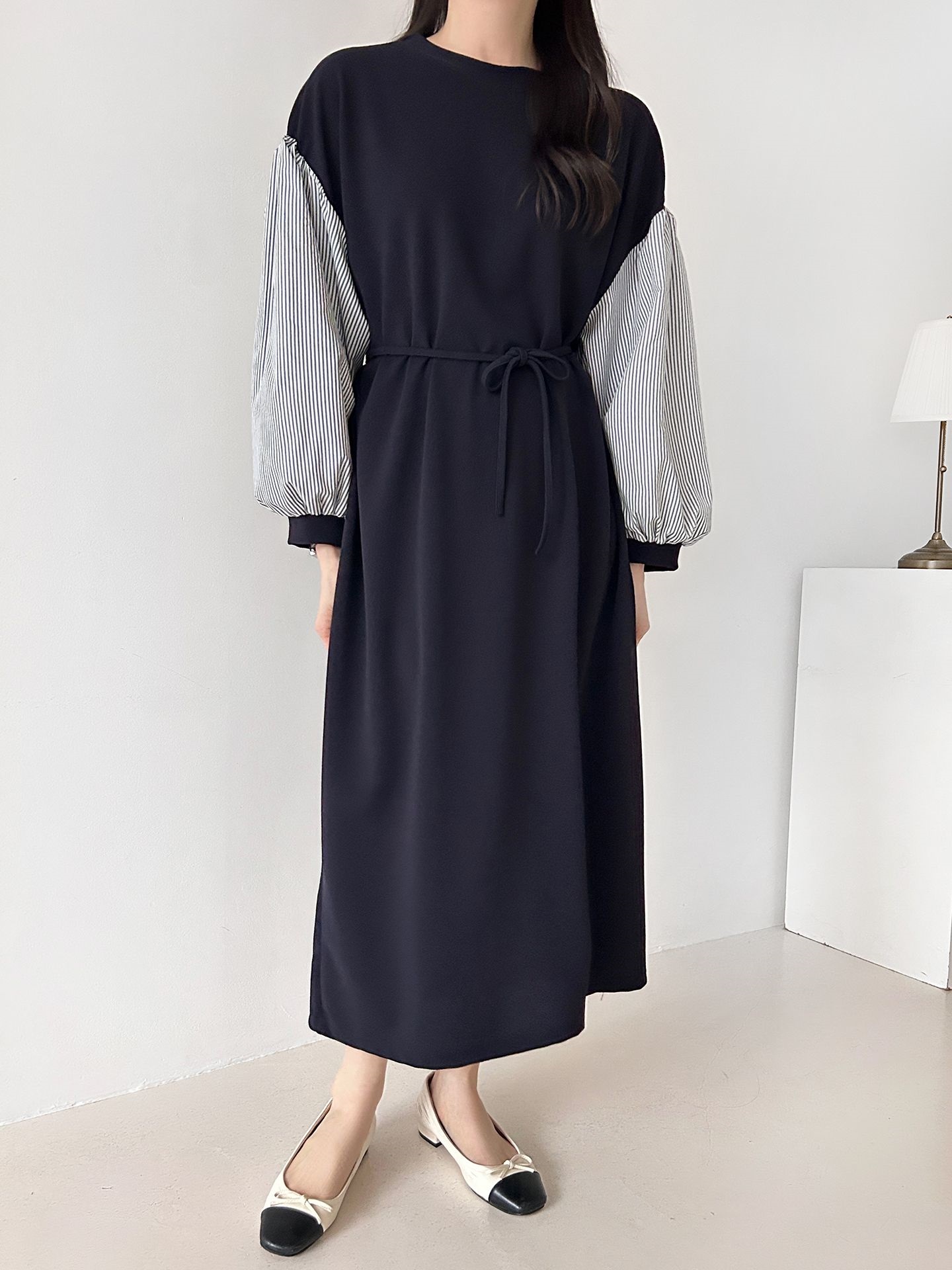 ラウンドネックロングストライプ配色ワンピースストラップ付 | 詳細画像10