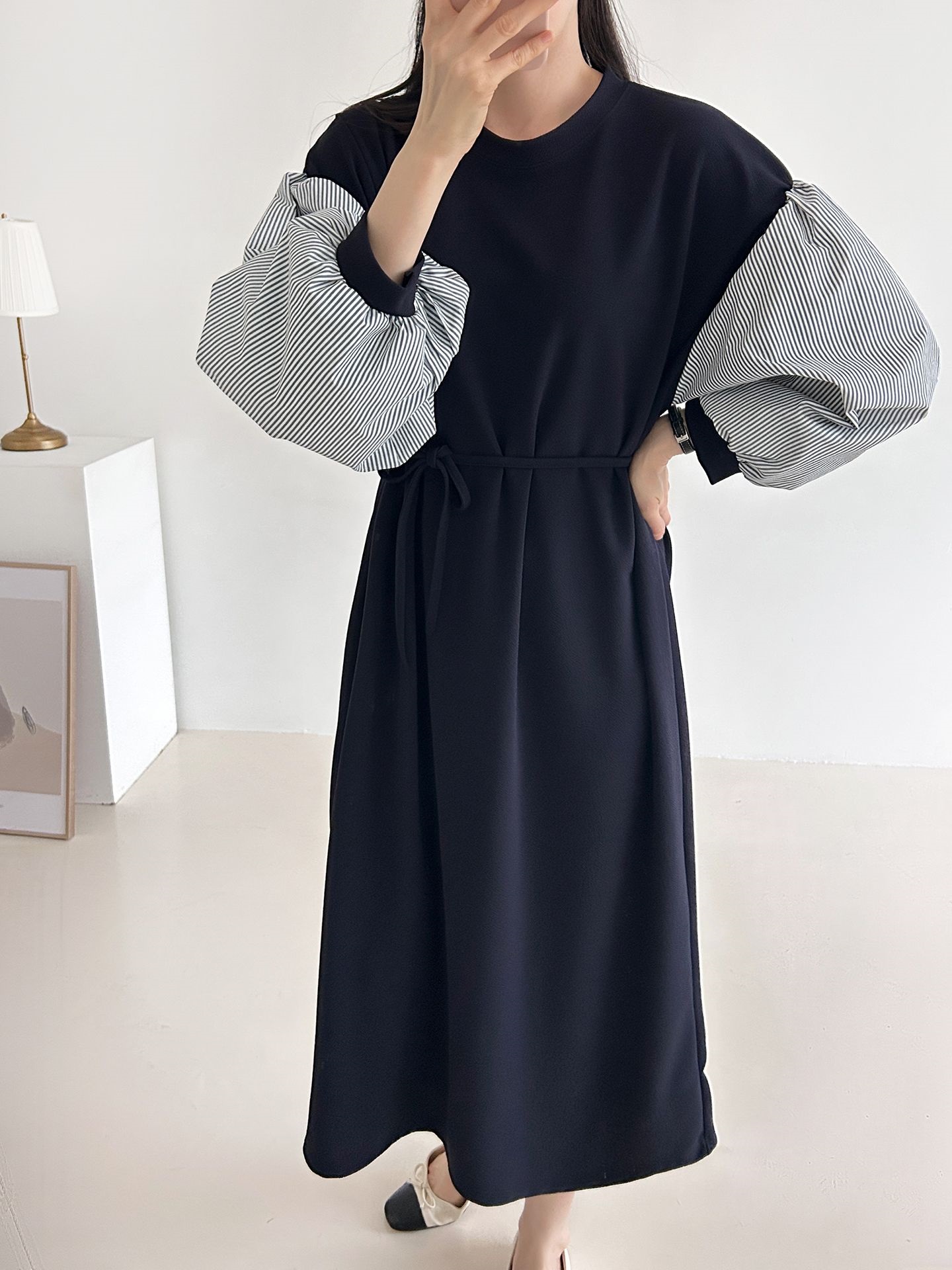 ラウンドネックロングストライプ配色ワンピースストラップ付 | 詳細画像9