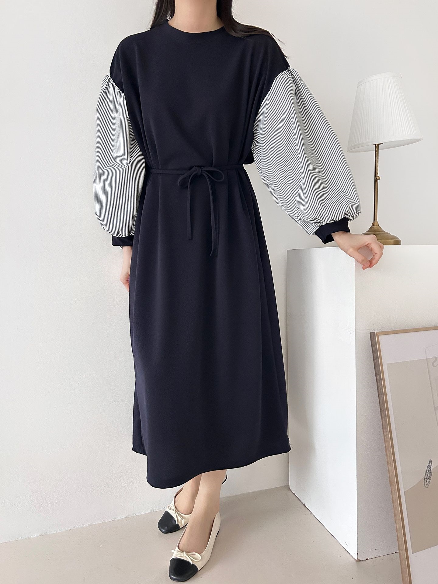 ラウンドネックロングストライプ配色ワンピースストラップ付 | 詳細画像8