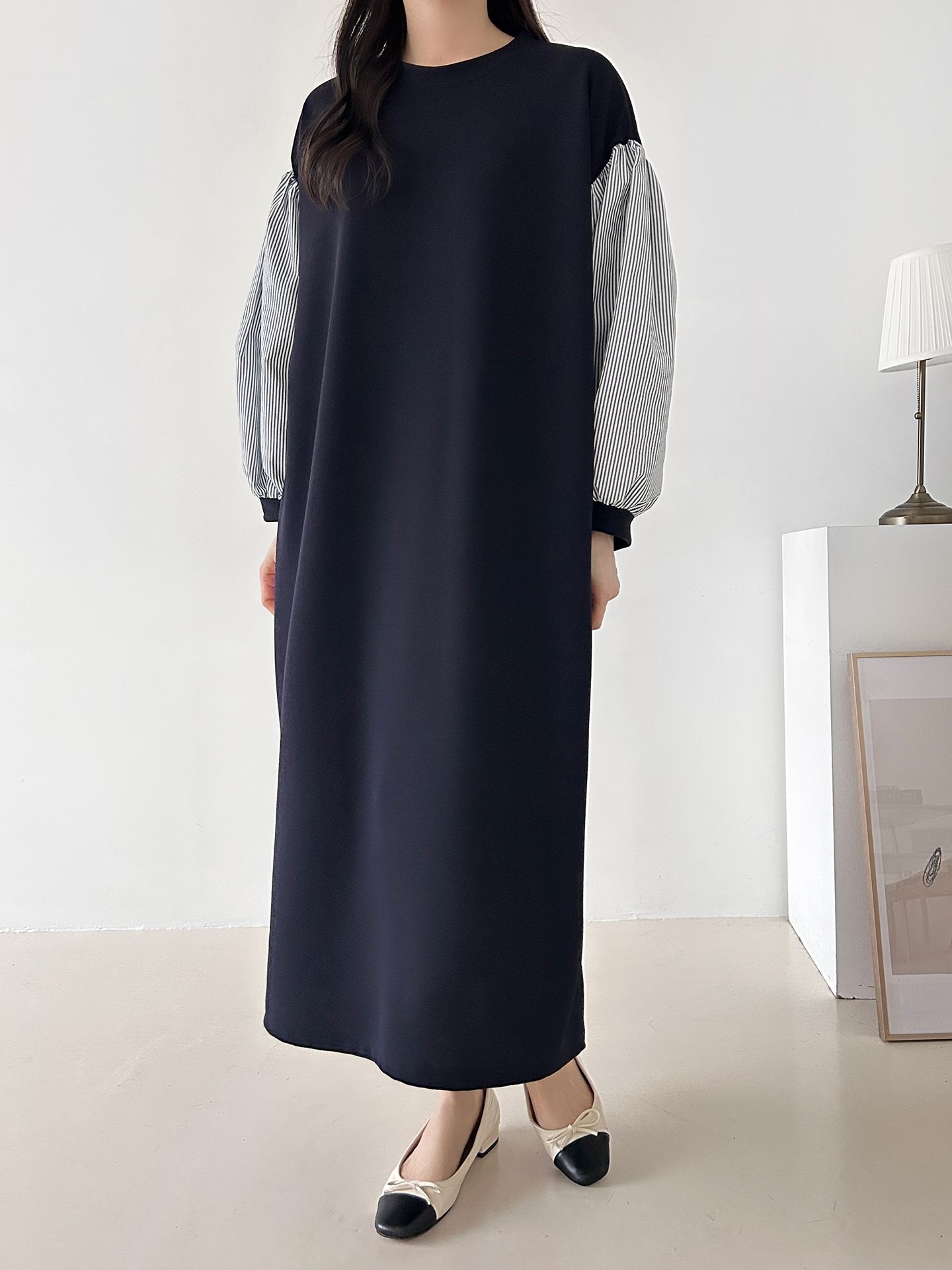 ラウンドネックロングストライプ配色ワンピースストラップ付 | 詳細画像11