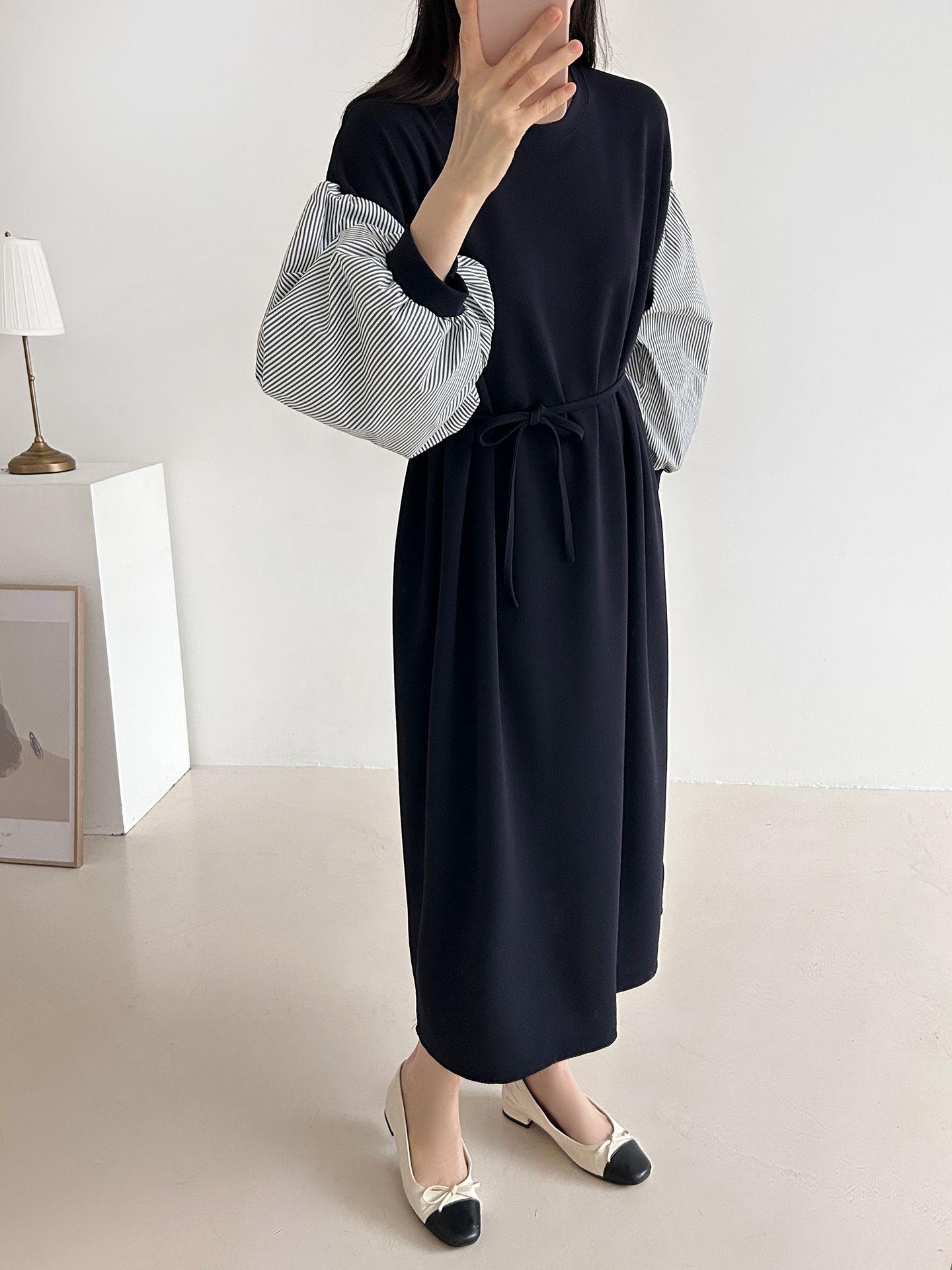 ラウンドネックロングストライプ配色ワンピースストラップ付 | 詳細画像12