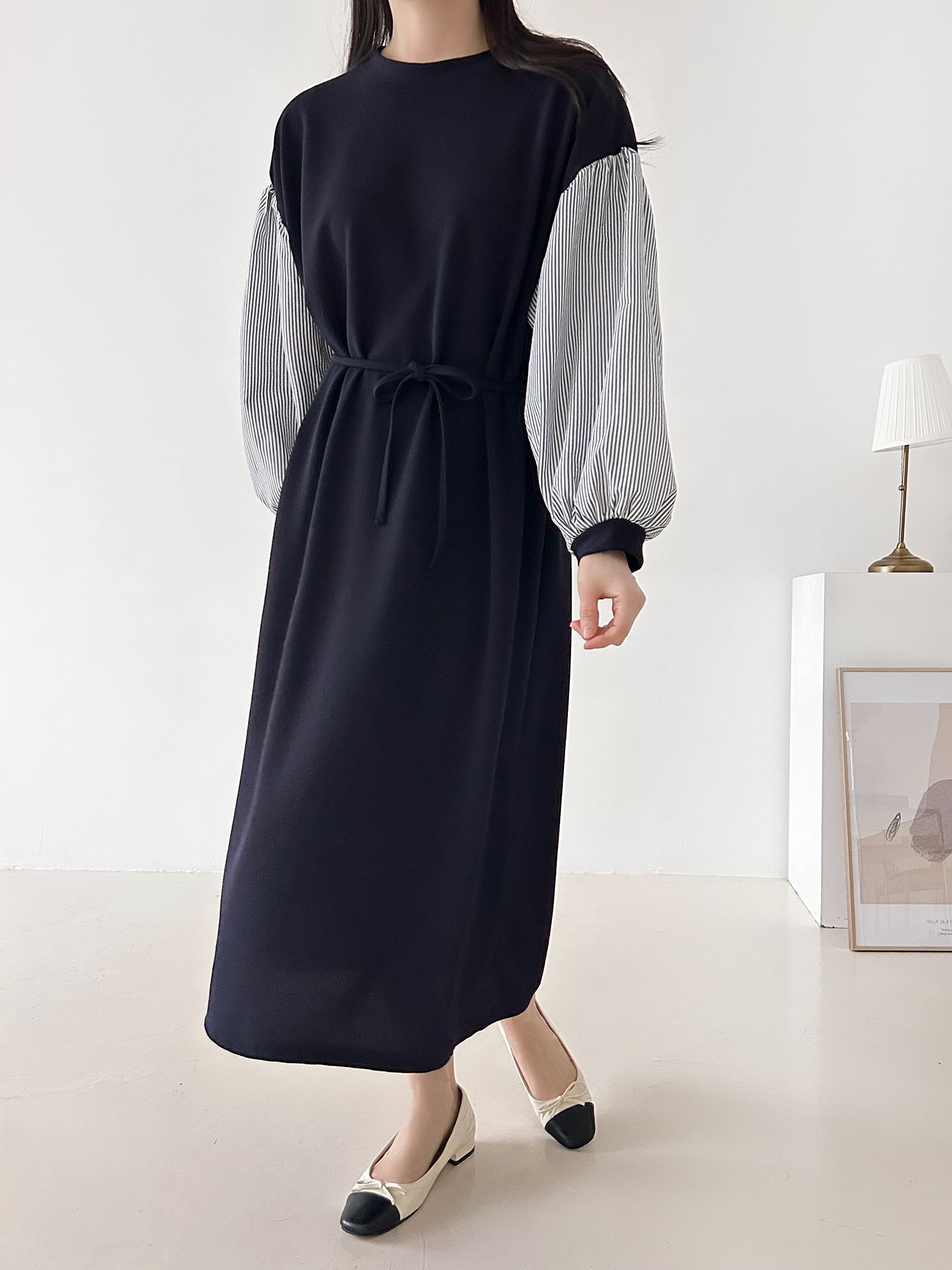 ラウンドネックロングストライプ配色ワンピースストラップ付 | 詳細画像13