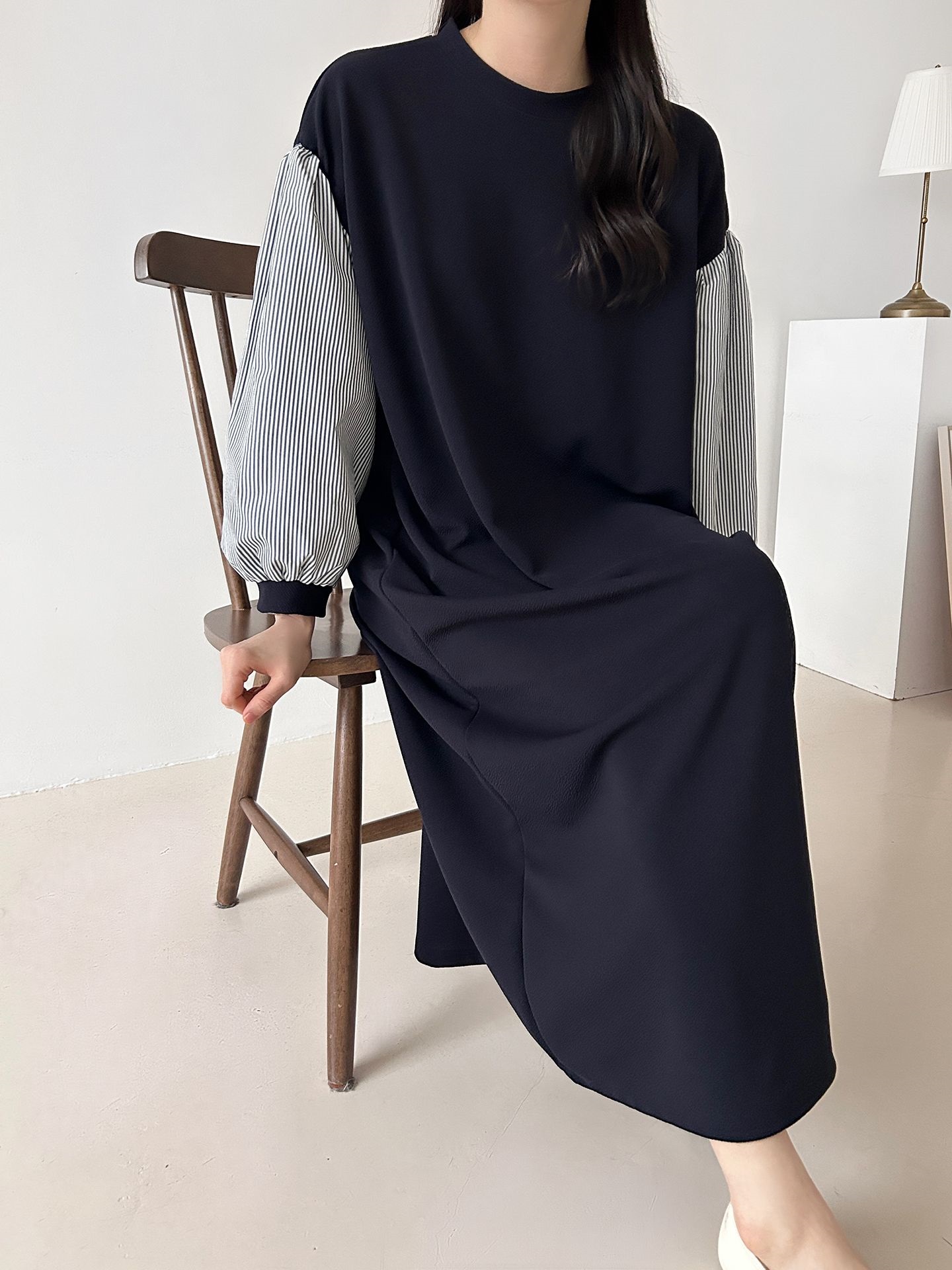 ラウンドネックロングストライプ配色ワンピースストラップ付 | 詳細画像14