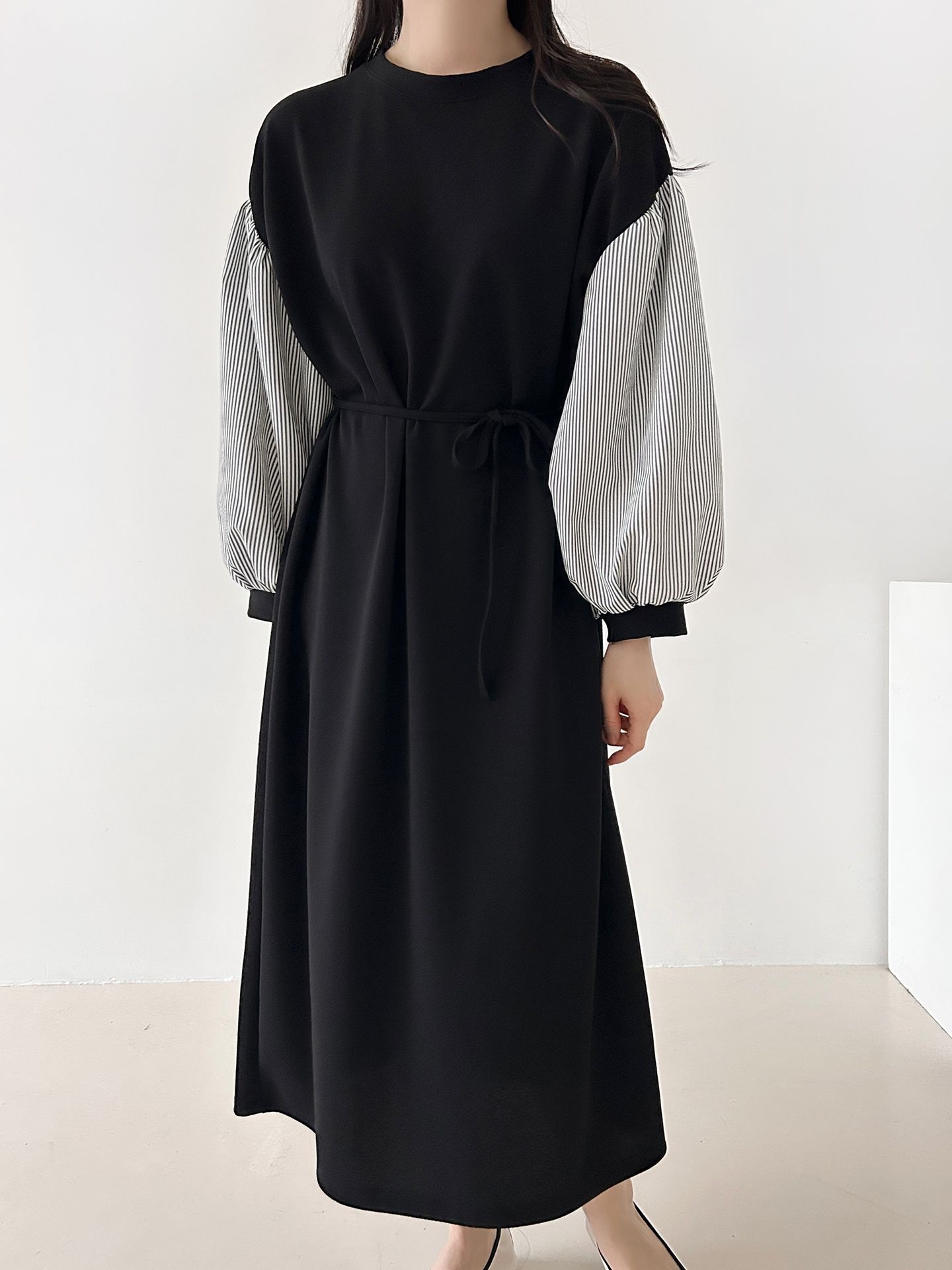 ラウンドネックロングストライプ配色ワンピースストラップ付 | 詳細画像15