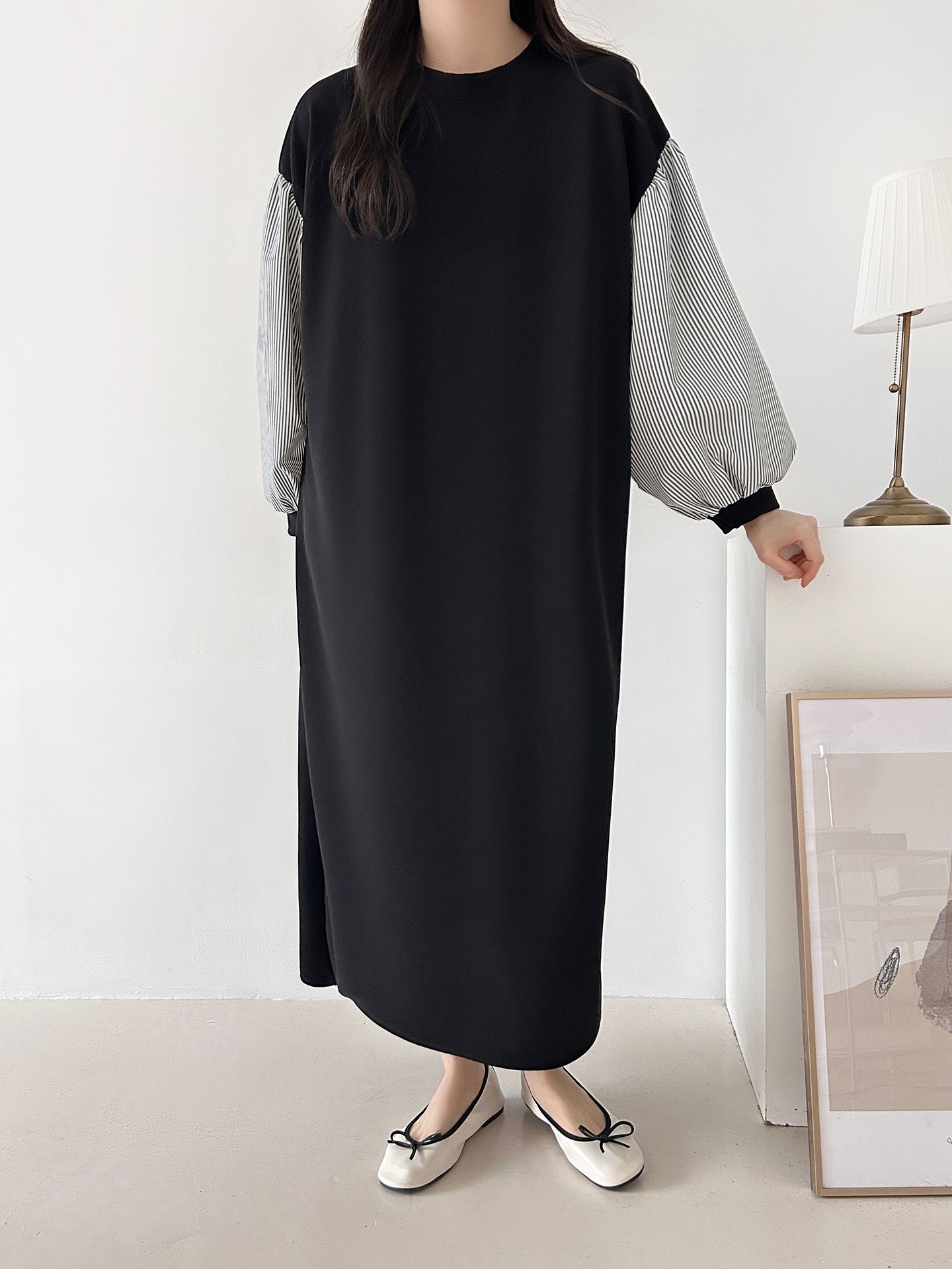 ラウンドネックロングストライプ配色ワンピースストラップ付 | 詳細画像17