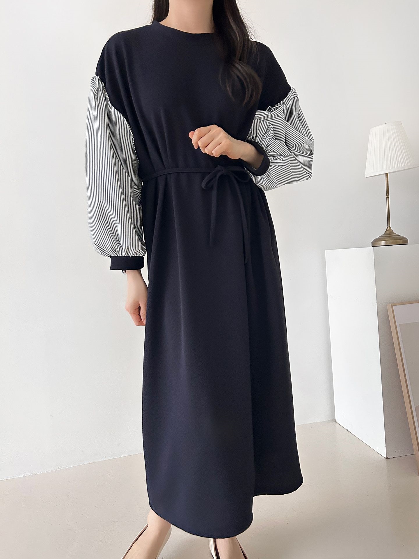 ラウンドネックロングストライプ配色ワンピースストラップ付 | 詳細画像18