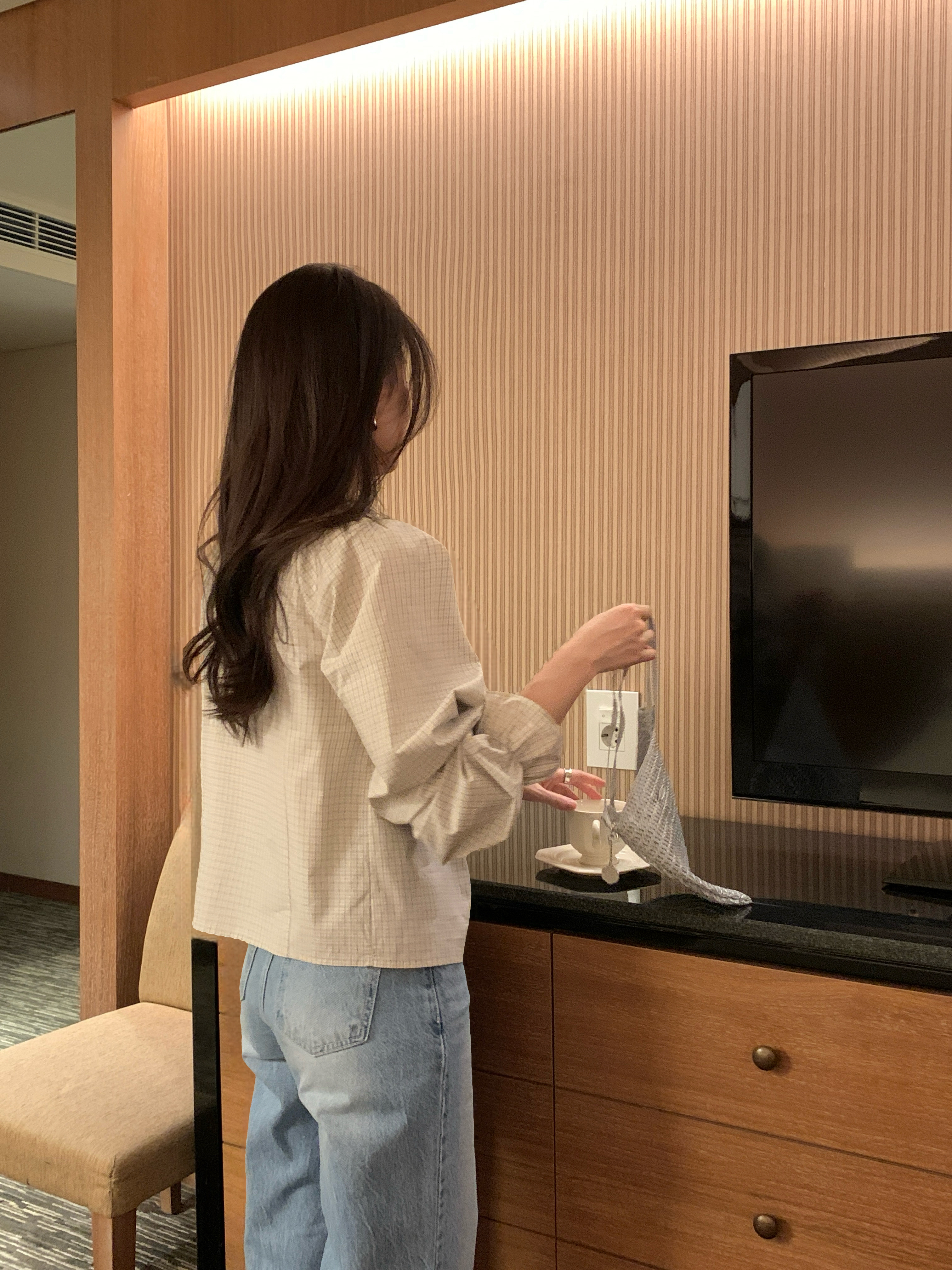 コットンリボンボタンフリル長袖チェックブラウス | 詳細画像2