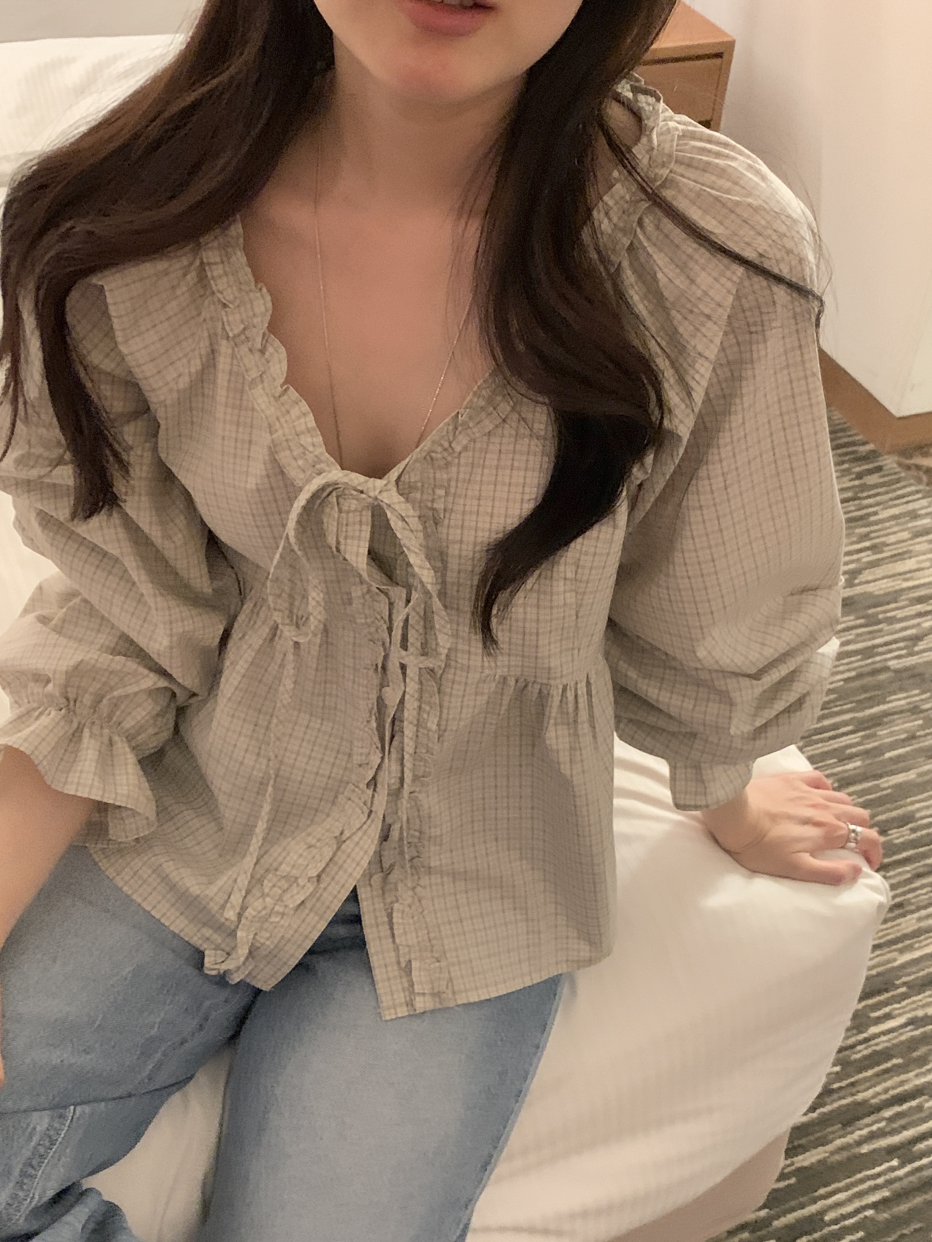 コットンリボンボタンフリル長袖チェックブラウス | 詳細画像6