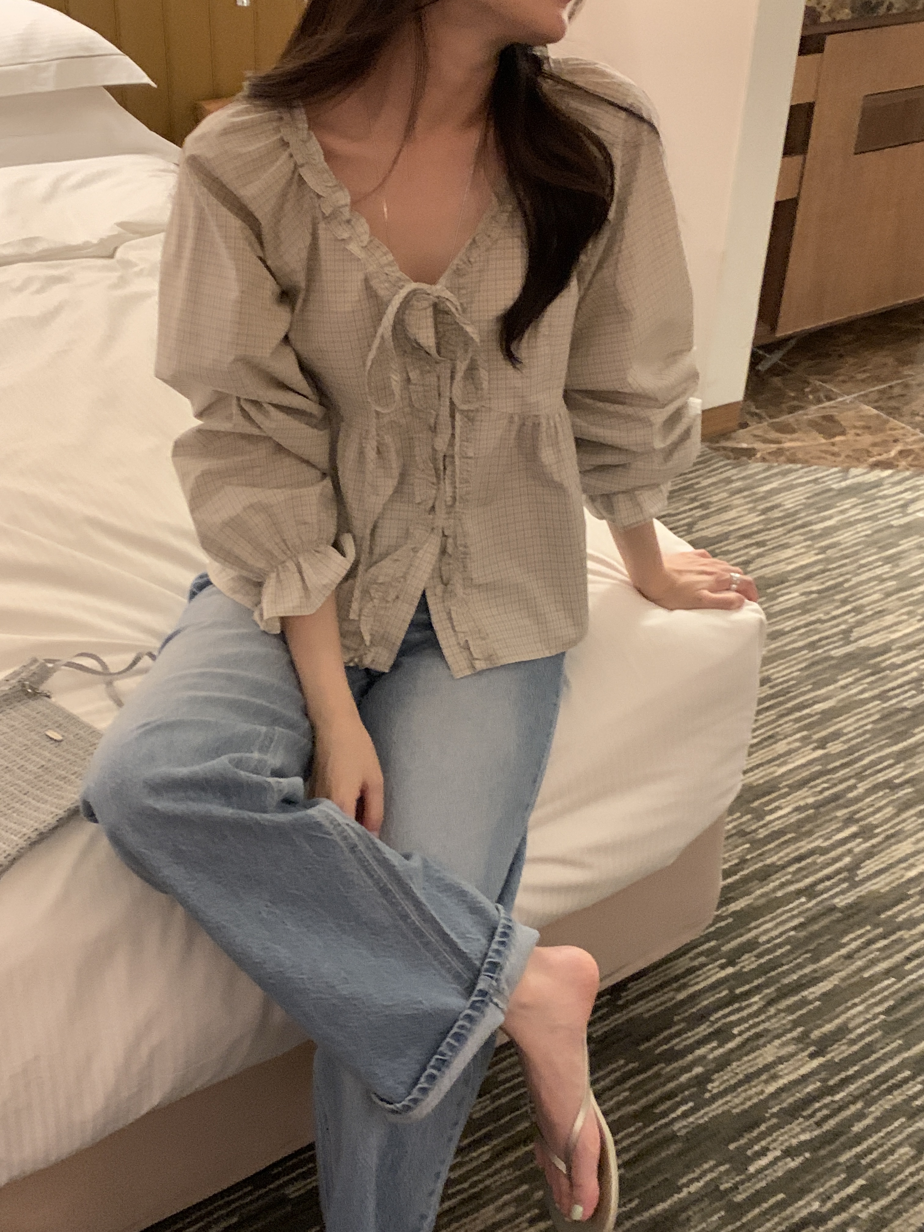 コットンリボンボタンフリル長袖チェックブラウス | 詳細画像7