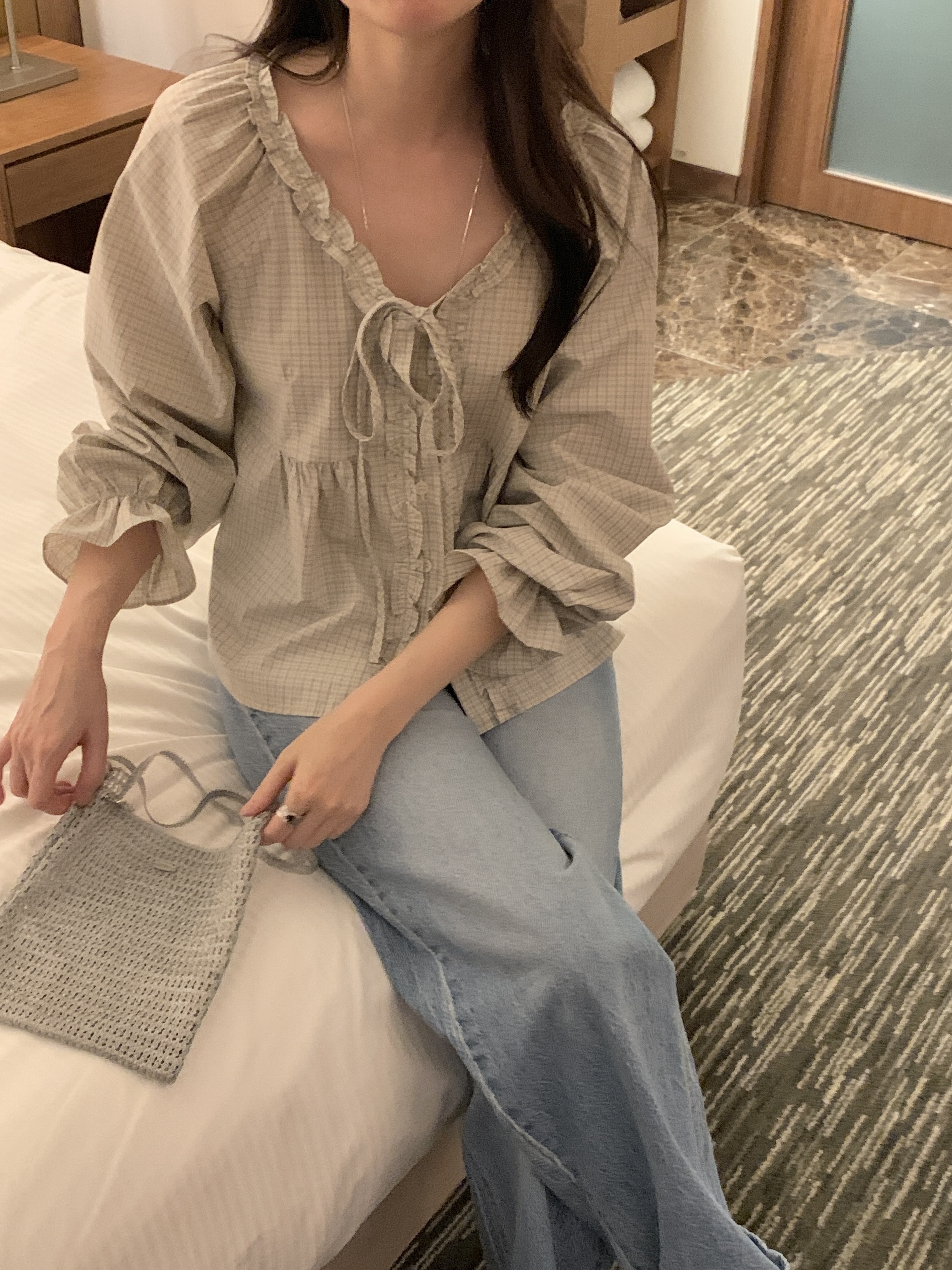 コットンリボンボタンフリル長袖チェックブラウス | 詳細画像9