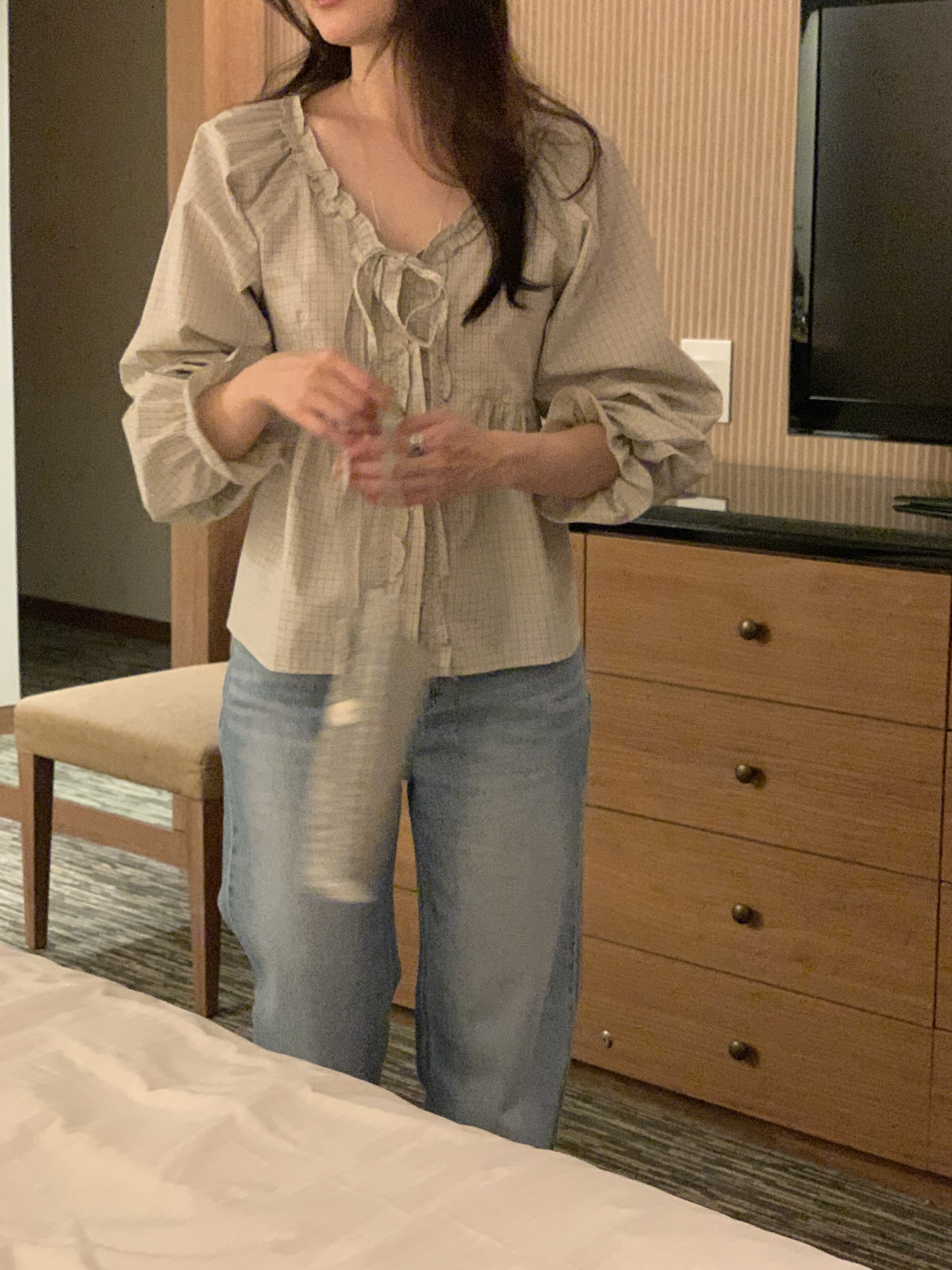 コットンリボンボタンフリル長袖チェックブラウス | 詳細画像10